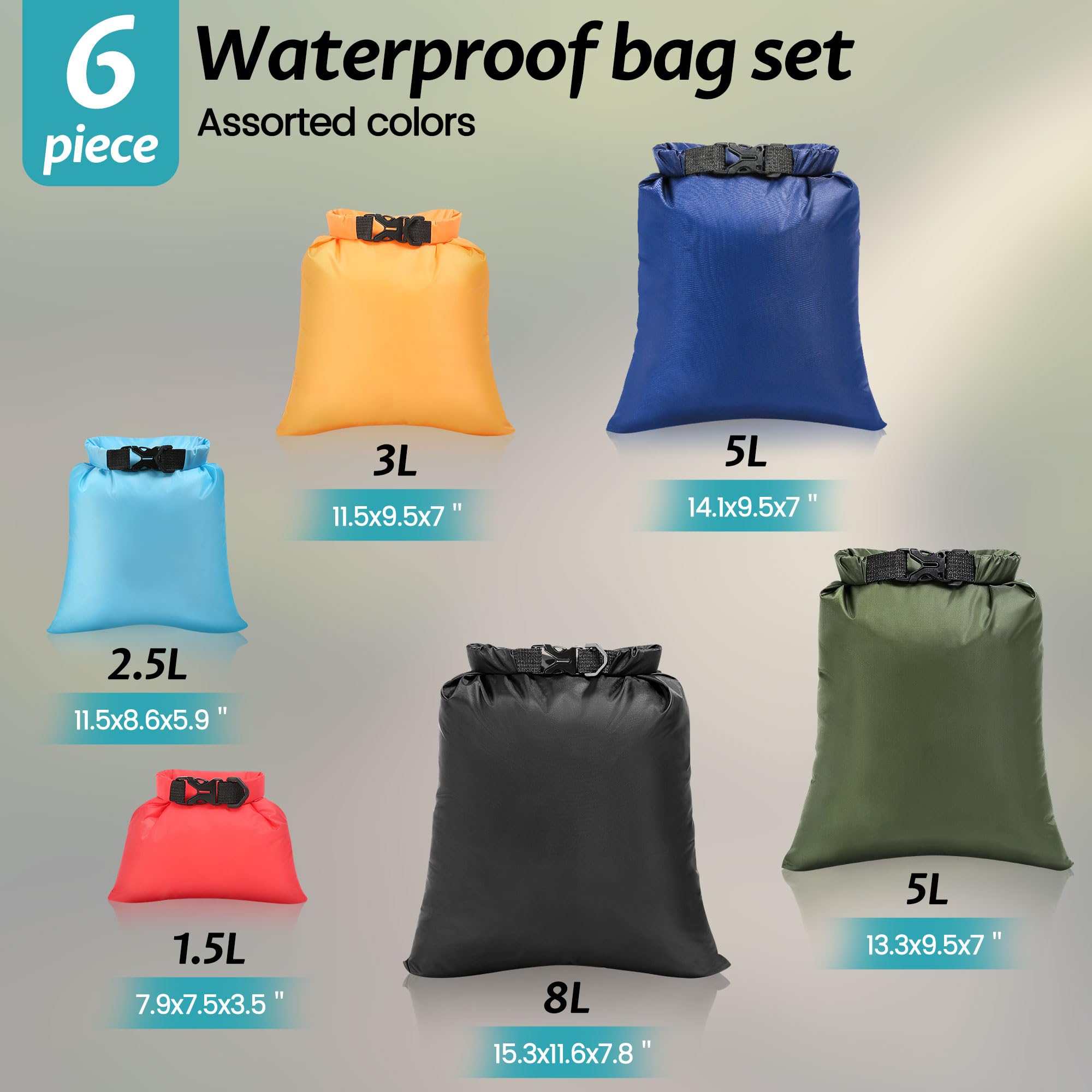 Set de 6 Sacs étanches – 1,5L, 2,5L, 3L, 3,5L, 5L, 8L Pochette Étanche | Idéal pour le stockage étanche en extérieur, les sports nautiques & le camping | Léger & Résistant