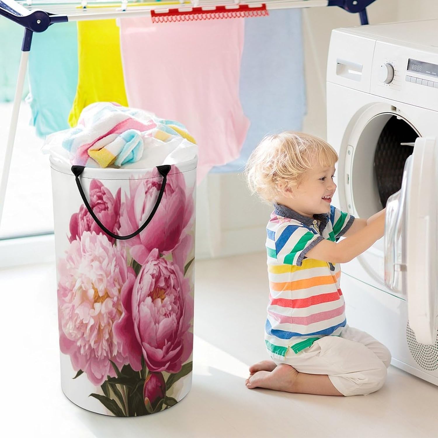 Peony Flowers Blossom Large Capacity Laundry Baskets,Collapsible Clothes Hamper with Handles，Laundry Hampers for Bathroom,Bedroom,Towels