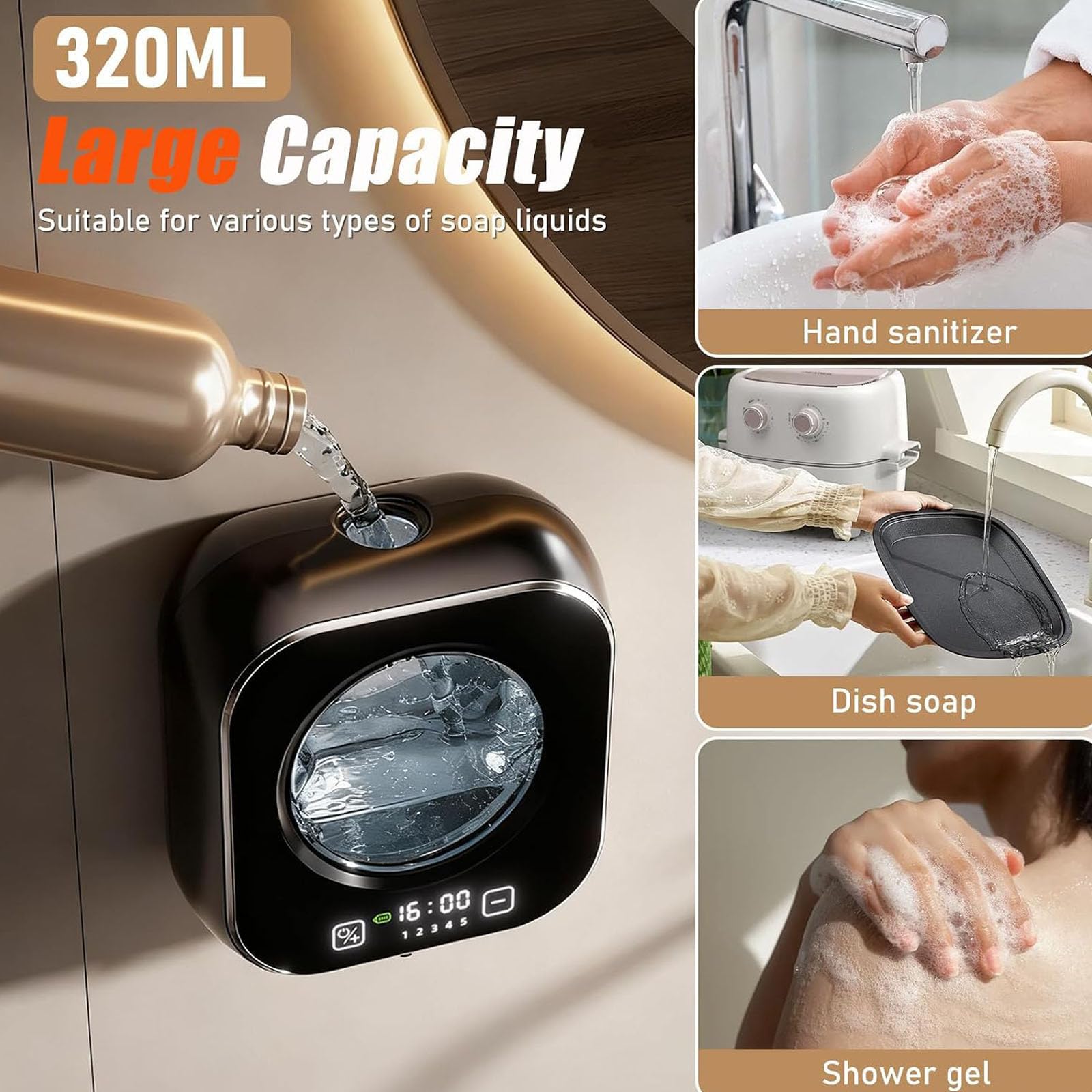 Dispensador automático de jabón sin contacto de 320 ml, 1500 mAh con pantalla LCD, 5 ajustes de velocidad, recargable por USB para baño, cocina, oficina