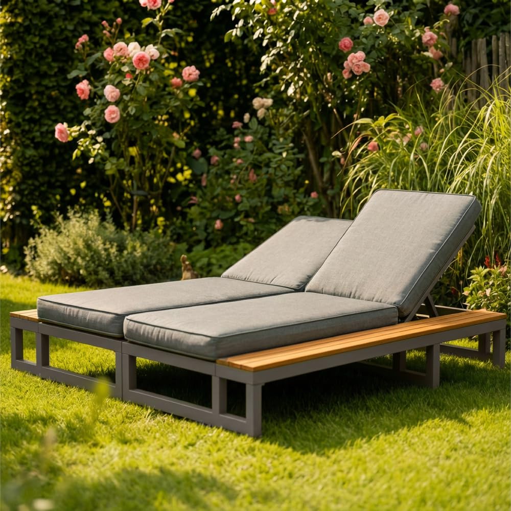 Gray Outdoor Patio Daybed Linke Seite Waterproof Sun Lounger Multifunctional Sofa Bed with Shelves Adjustable Backrest for Terrace Garden Balcony Relax (Gray + Metal+Waterproof Fabric-2)
