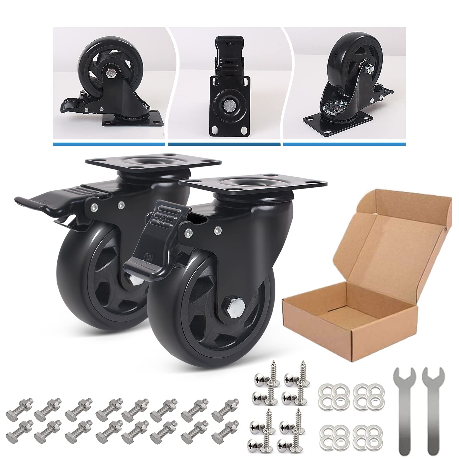 Ruedas Giratorias con Freno, Ruedas para Muebles de 75mm, Ruedas de Transporte para Muebles de 500 kg, Ruedas de Placa Industriales con Tornillos