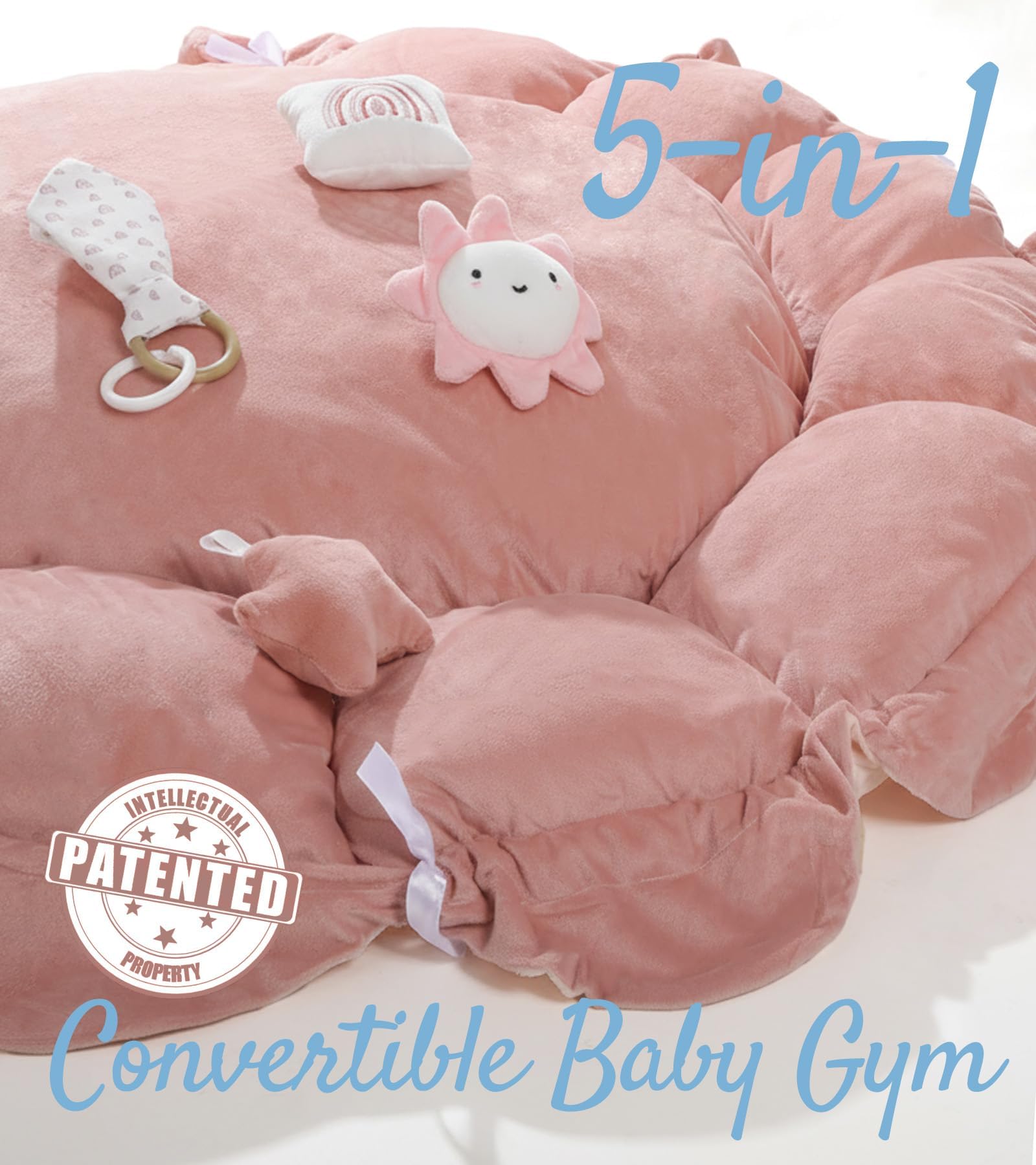 Mallify 5-in-1 Thick Plush Baby Play Gym Mat, Tummy Time Mat with 6 Sensory Toys, Baby Play Mat, Convertible Baby Gym for Stage-Based Development from Babies to Toddlers, Baby Essentials Gift, Pink — Amazon image 7