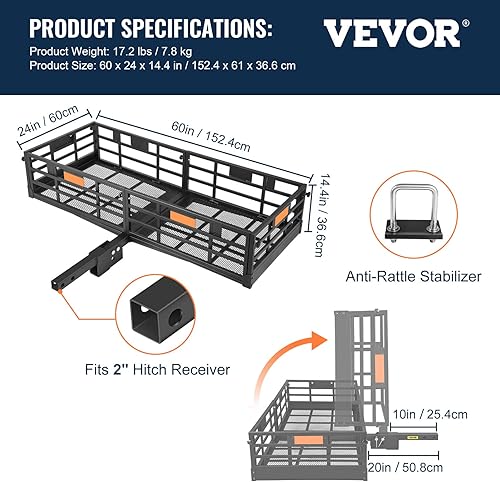 Miniatura 7 de VEVOR Soporte de carga plegable de enganche 60 x 24 x 144 pulgadas cesta de carga de enganche de remolque de acero con capacidad de 500 libras