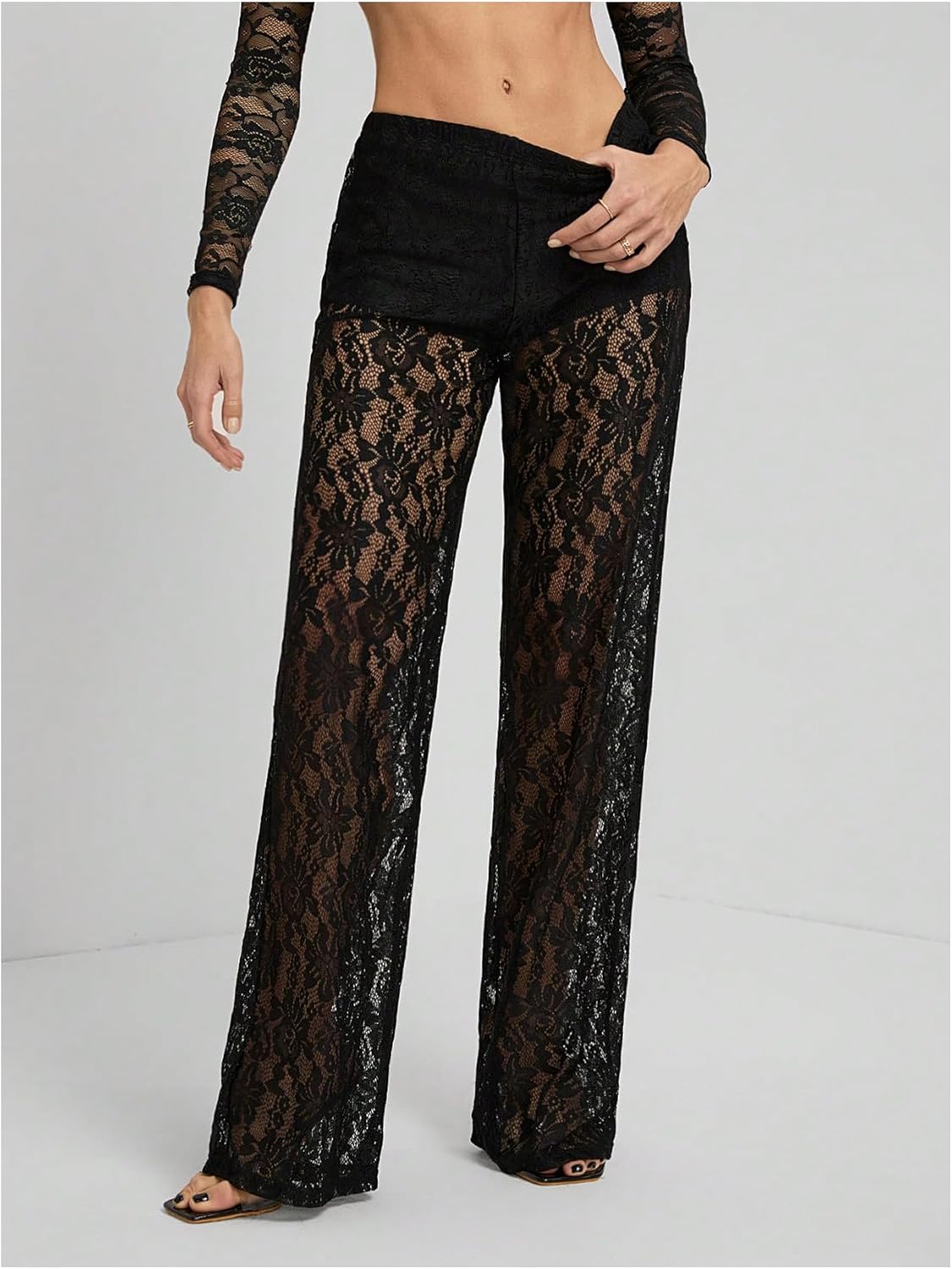 GORGLITTER Women's Lace Pants Sheer Mesh Wide Leg Pants See Through High Waist Going Out Grunge Trousers - Image 4