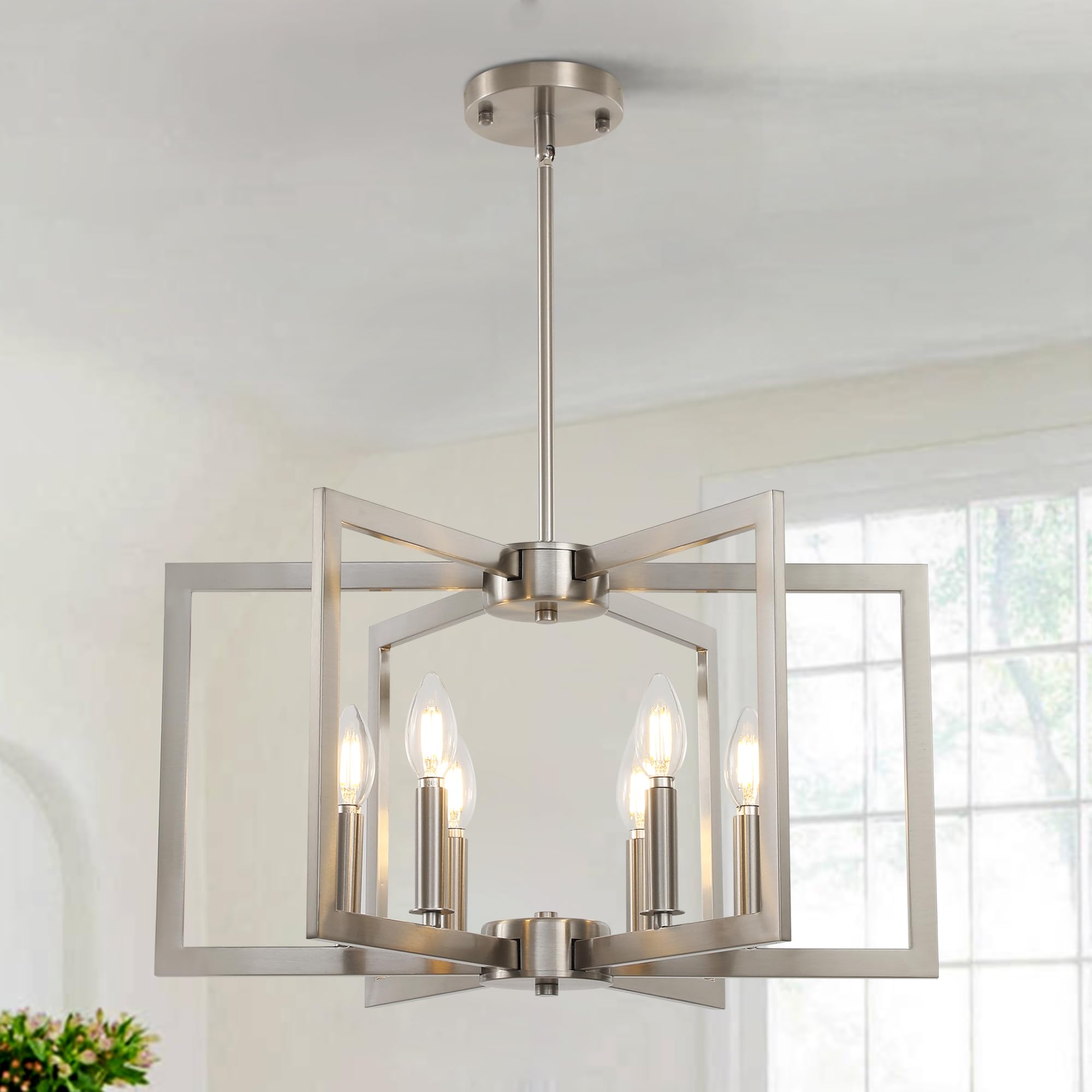 Sigaitwei 6-Light Modern Metal Geometric Chandelier，Kitchen Island Brushed Nickel Lighting Fixtures，Entryway Light Fixture Hanging Brushed Nickel，