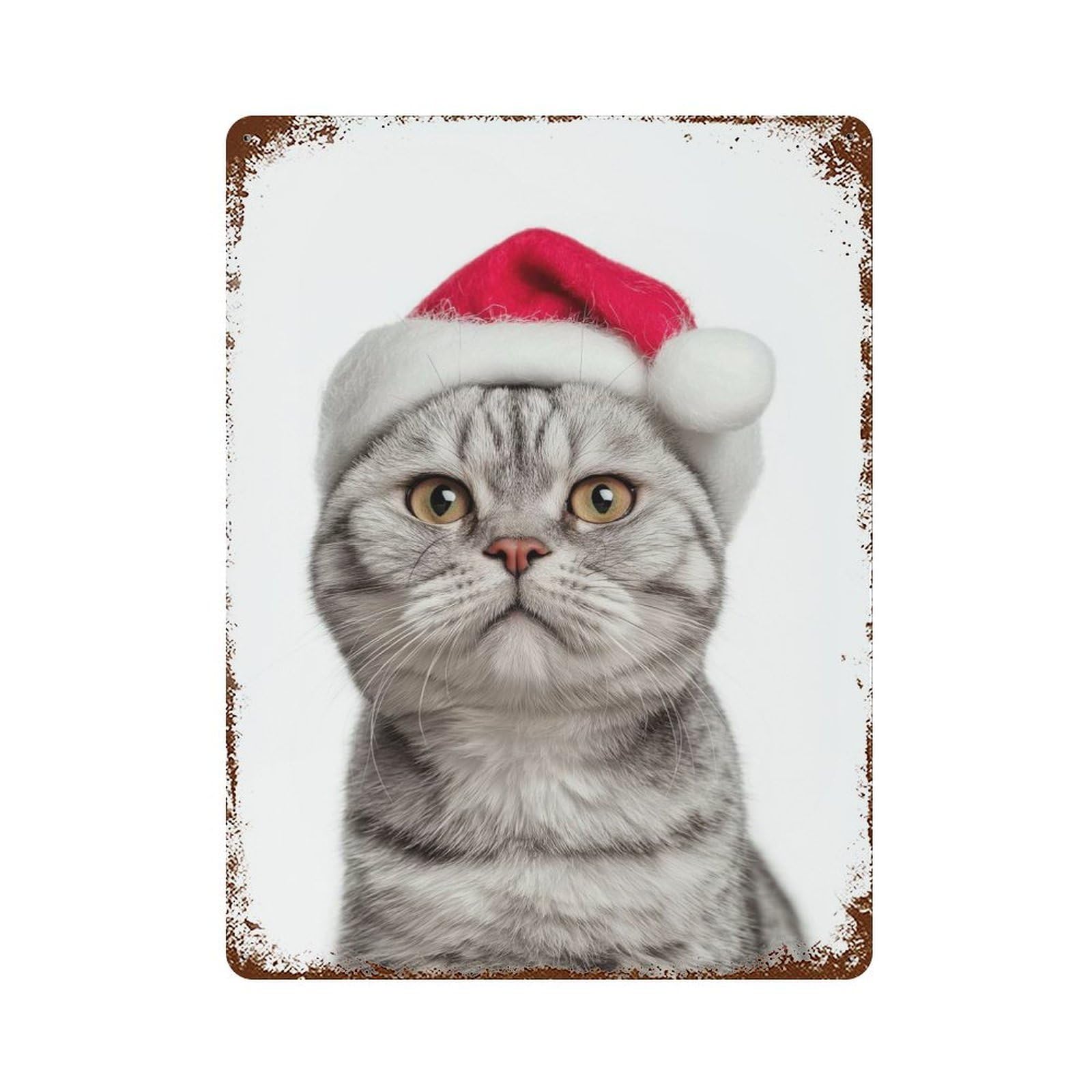 Distressed Metal Wall Sign American Shorthair Cat with Santa Hat Portrait 15.7"x11.8", Vintage Wall Decor for Garage, Bar And Workshop Decor