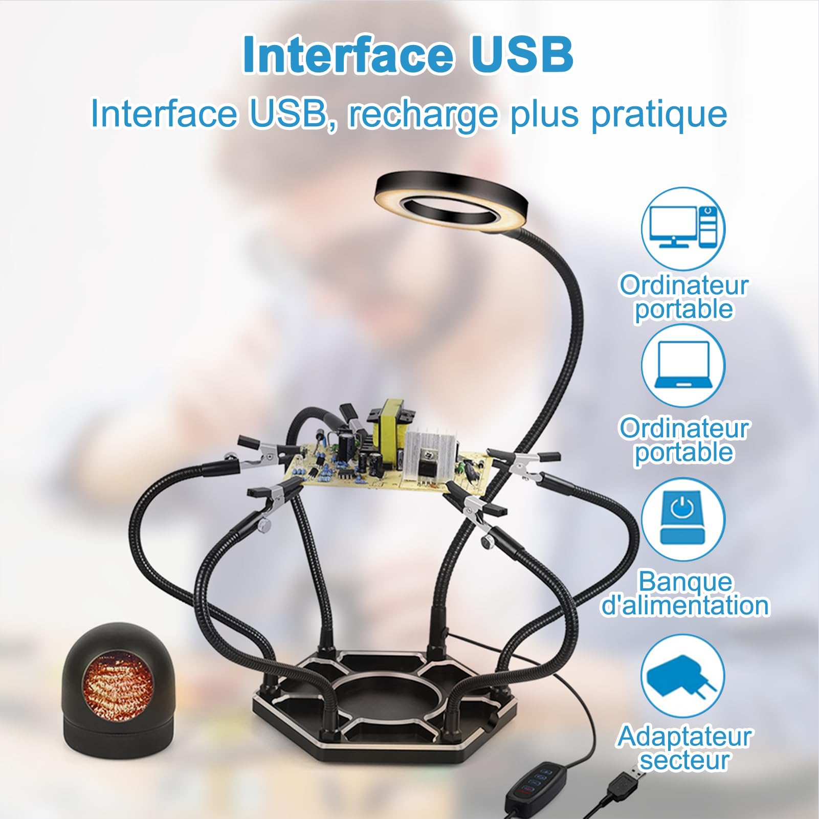 Geevorks Troisième Main Soudure, Troisième 3eme Main avec 6 Bras Flexibles Réglables, Loupe 3X LED pour Réparation Électronique, Modélisme et Loisirs Créatifs