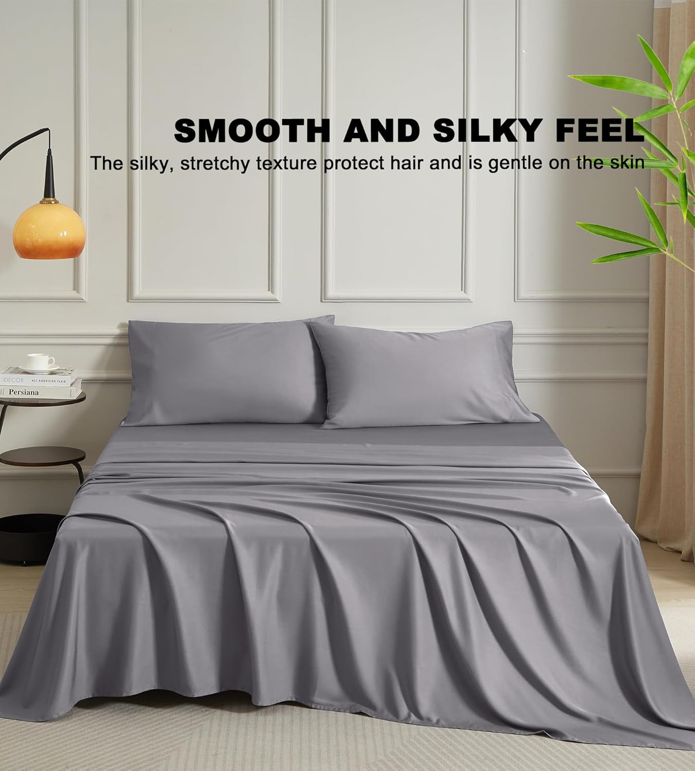 100% Rayon Derived from Bamboo Sheet Set, Queen Size Cooling Viscose Bedding, 16" Deep Pocket, Silver Grey