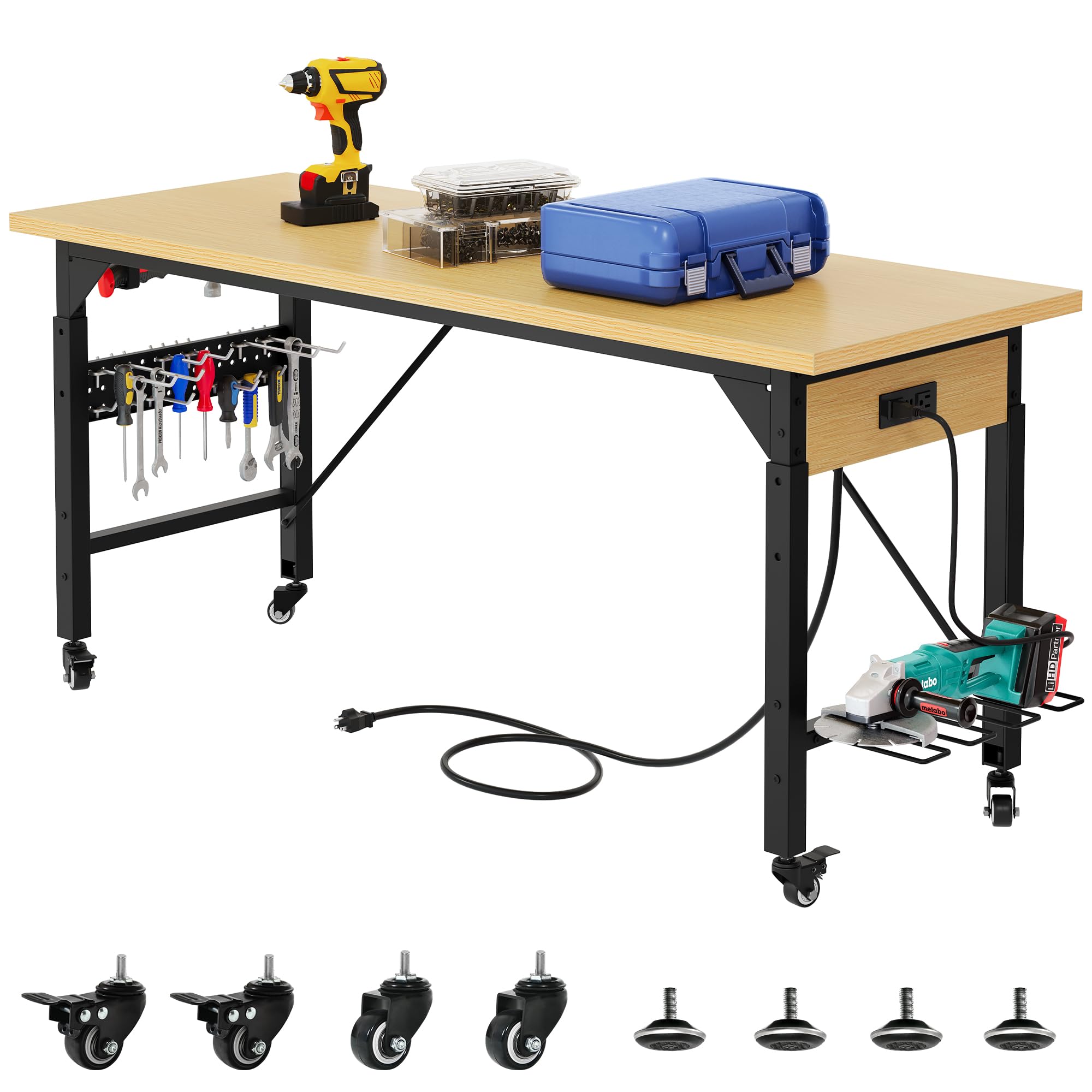 DWVOWork Benches for Garage 60" x 24" Work Table w/Outlets, Tool Bench Garage Workbench Husky Workbench 1600 LBS Load Capacity with Wheels for Workshop, Office, Home, Outdoor