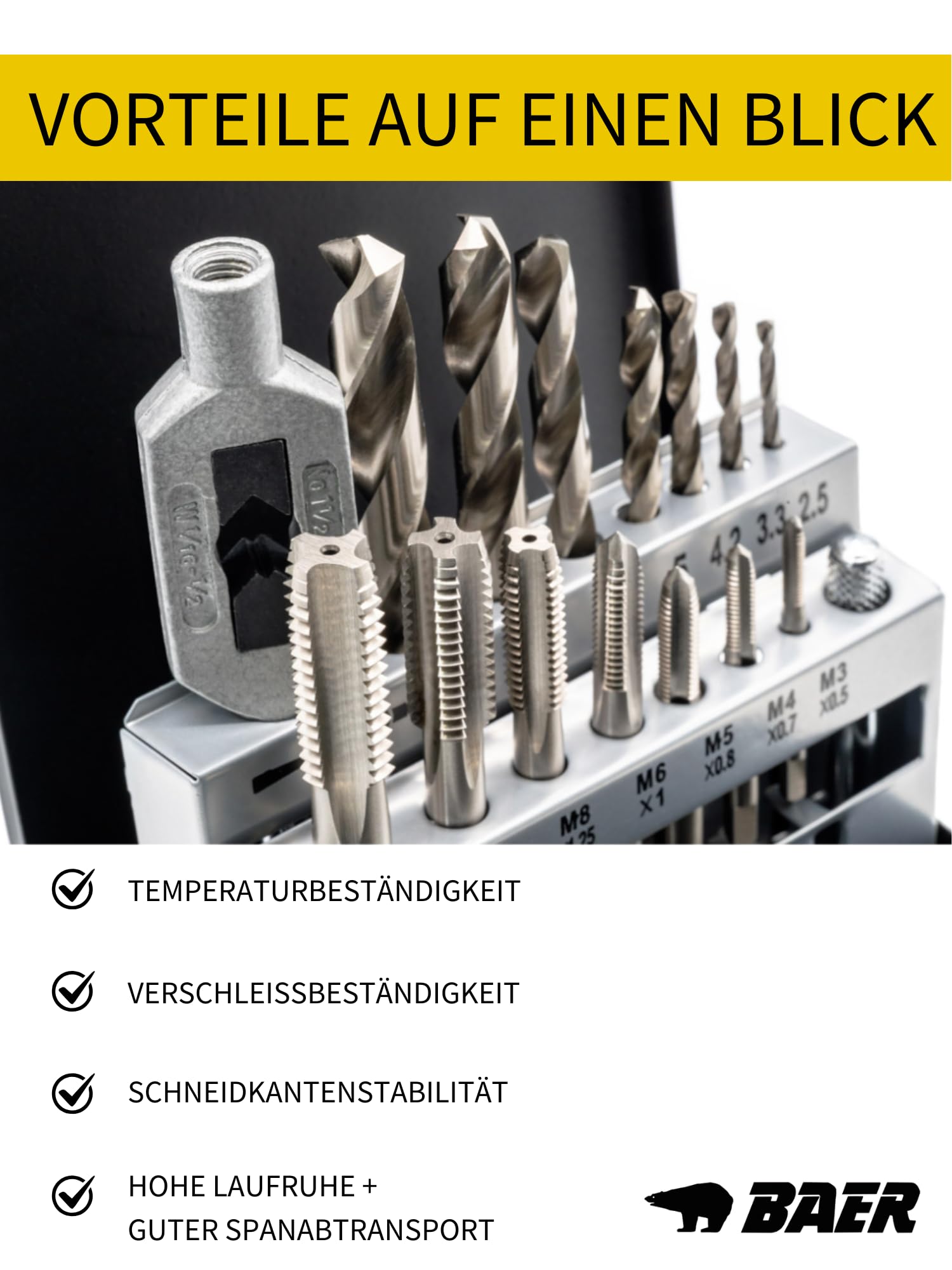 BAER Gewindeschneider Set M3-M12 | 15-tlg. HSS-G Gewindeschneidsatz | Einschnittgewindebohrer + Kernlochbohrer + Windeisen | Innen- & Außengewinde metrisch | Profi Werkzeug | Metallkassette