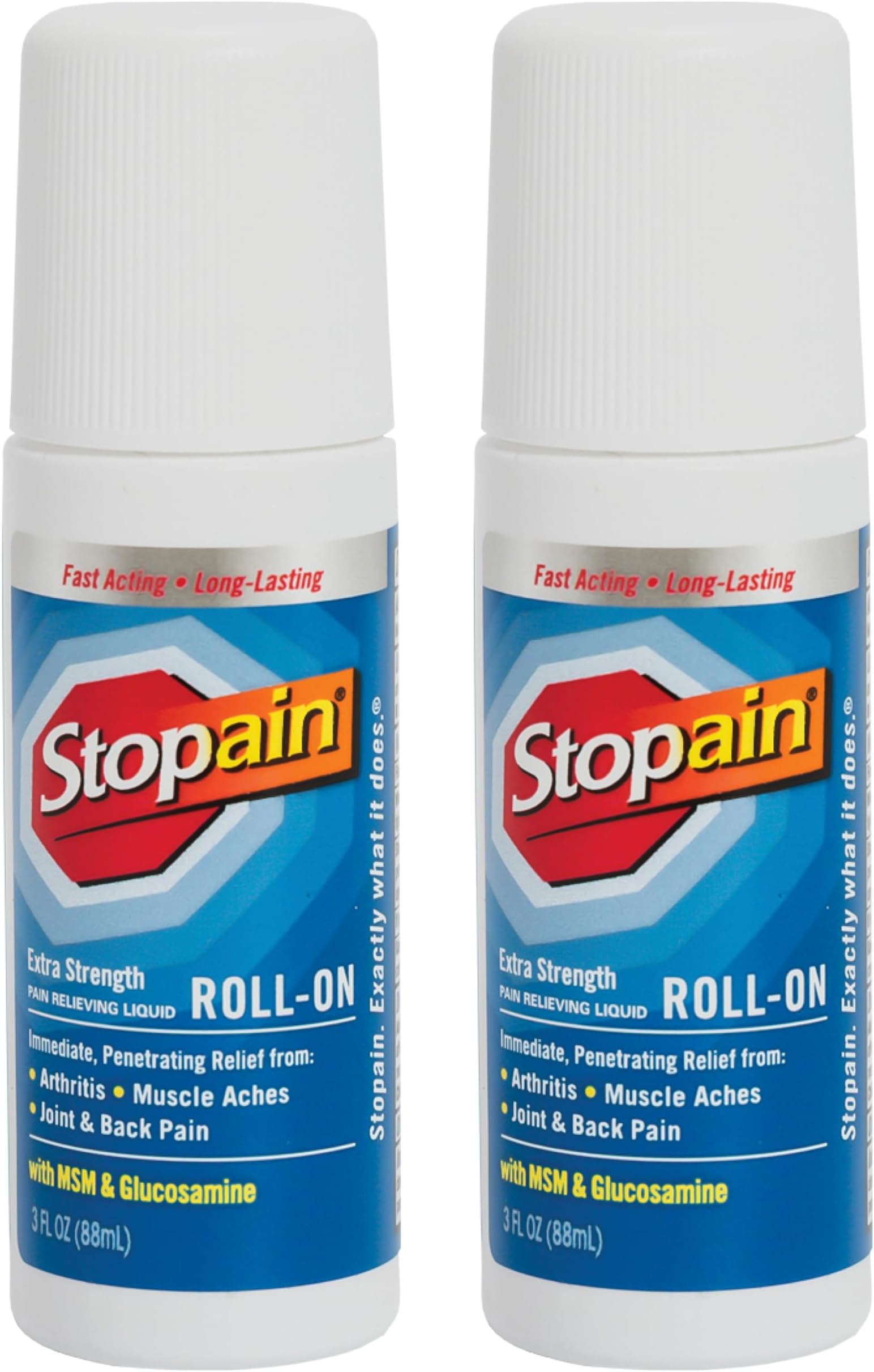 Stopain Pain Relief Roll On Gel 3oz (2 Pack) USA Made, Max Strength Fast Acting with MSM, Glucosamine, Menthol for Arthritis, Lower Back, Knee, Neck, HSA FSA Approved Topical Analgesic Products