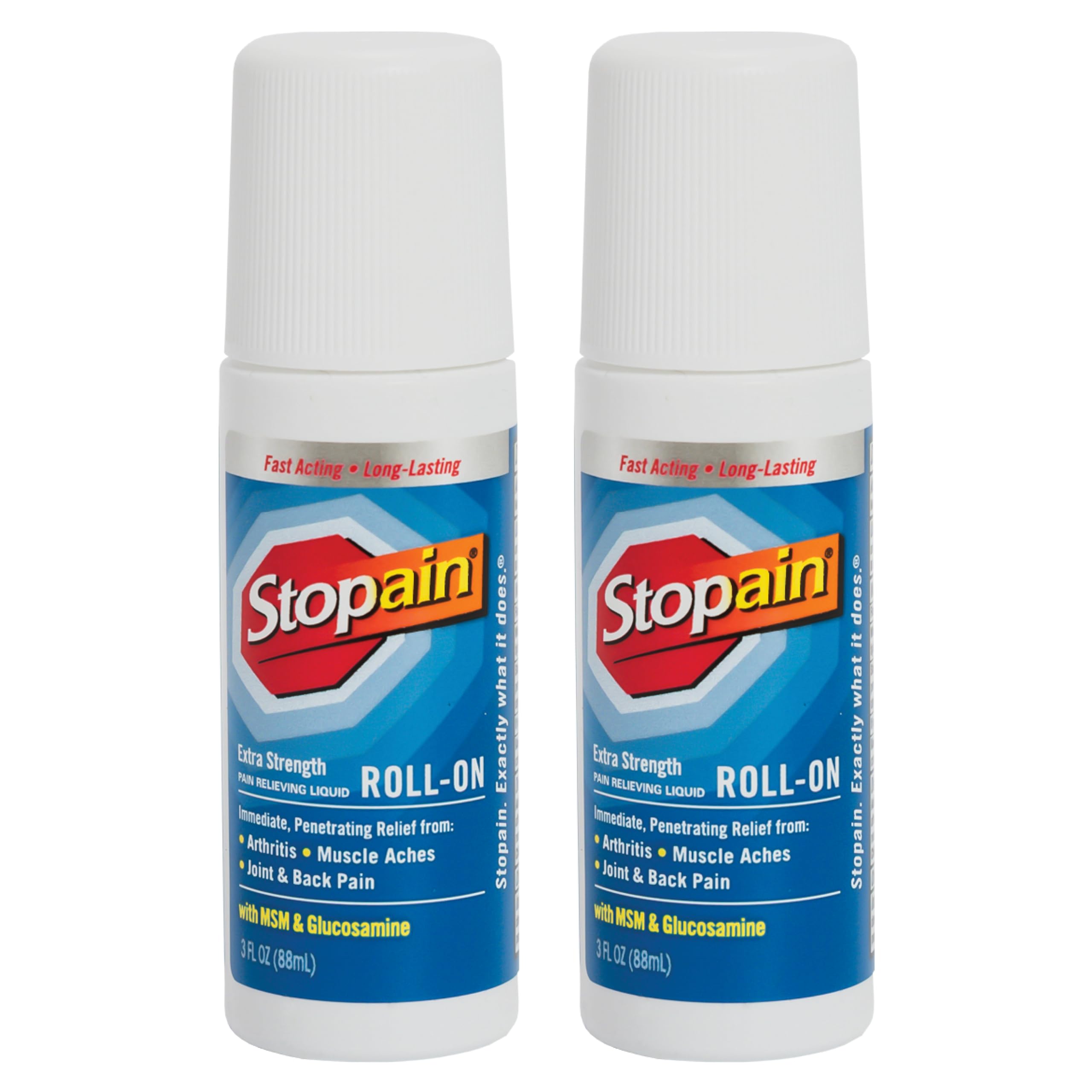 Stopain Pain Relief Roll On Gel 3oz (2 Pack) USA Made, Max Strength Fast Acting with MSM, Glucosamine, Menthol for Arthritis, Lower Back, Knee, Neck, HSA FSA Approved Topical Analgesic Products