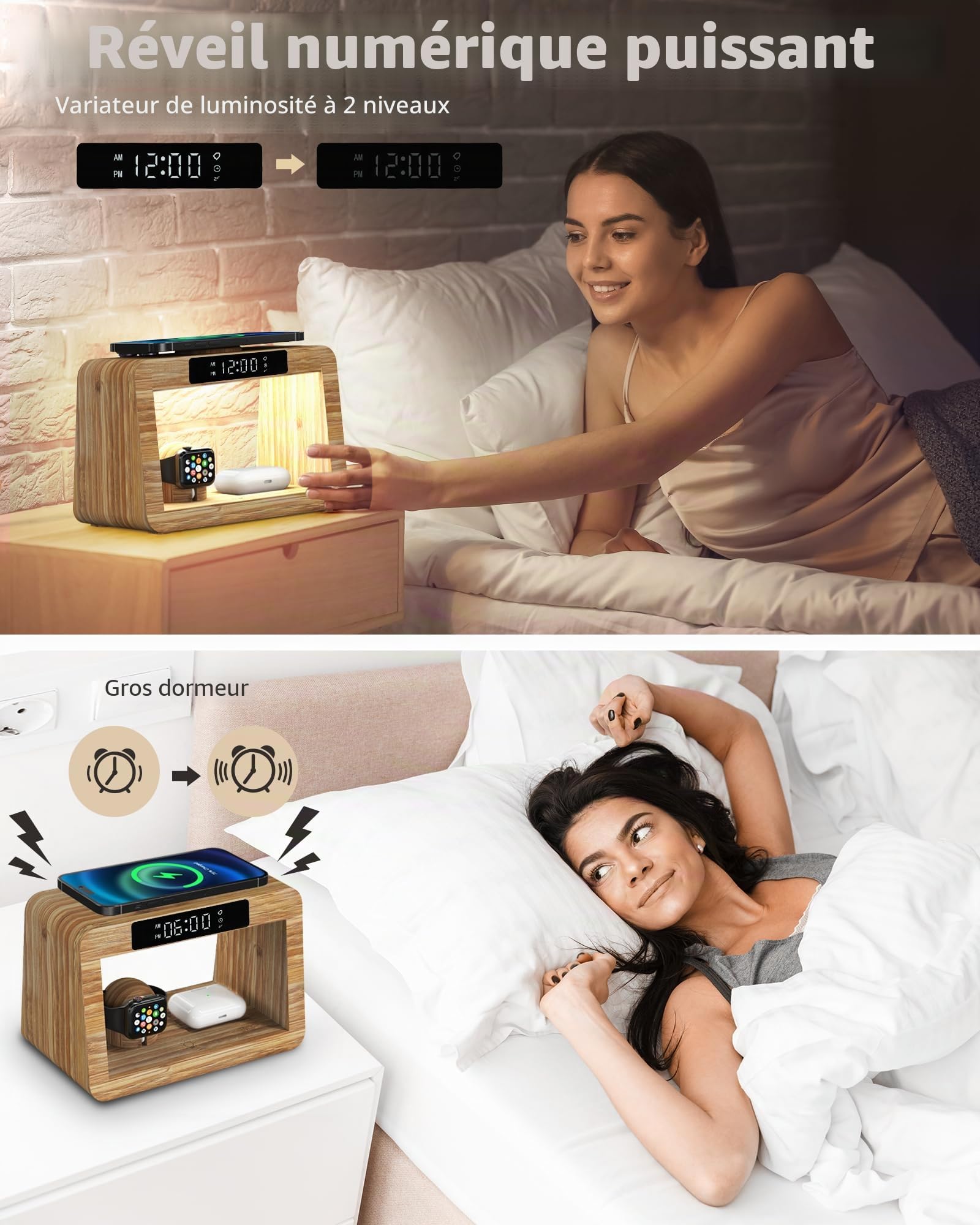 Station de Charge sans Fil avec réveil numérique et veilleuse, Chargeur Rapide sans Fil 5 en 1 avec Adaptateur et câble, Chargeur sans Fil pour iPhone, AirPods Pro, Apple Watch