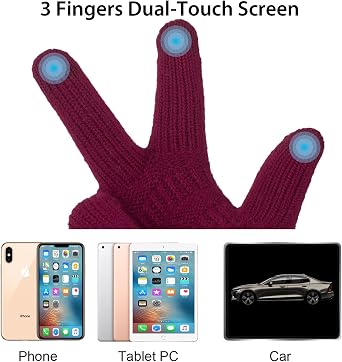 ViGrace Womens Winter Touchscreen Gloves Cable Knit Warm Lined 3 Fingers Dual-layer Touch Screen Texting Thermal Glove