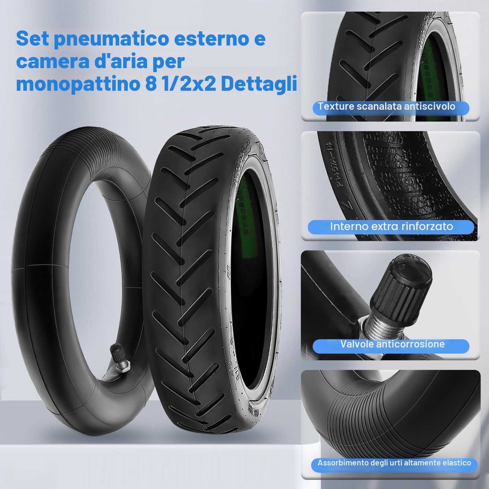 2 Ruota e 2 Camera d'aria Monopattino Elettrico 8 1/2 x2, 8,5 Pollici Pneumatici esterni e interni per Xiaomi M365/Pro/Pro2/1S et Wispeed T855 /T850, 50/75-6.1 Gomme Monopattino Set