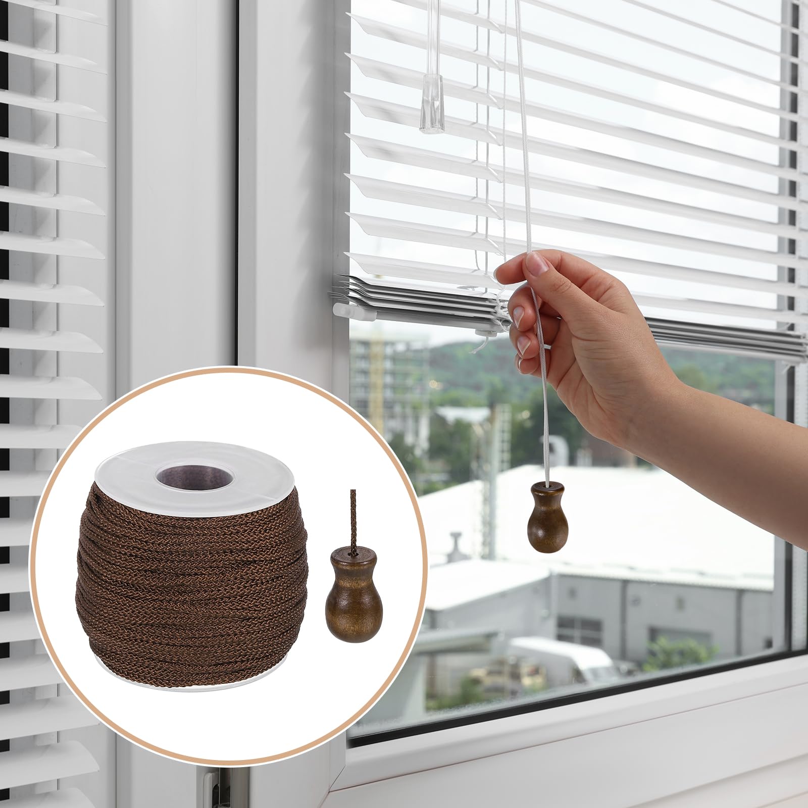 QUARKZMAN 50 Yardas Cuerda para Persianas Romanas Trenzada 1.8mm con 5 Piezas Pendant Cuerda Madera para Persianas Rolleras Romanas Manualidades DIY Marrón