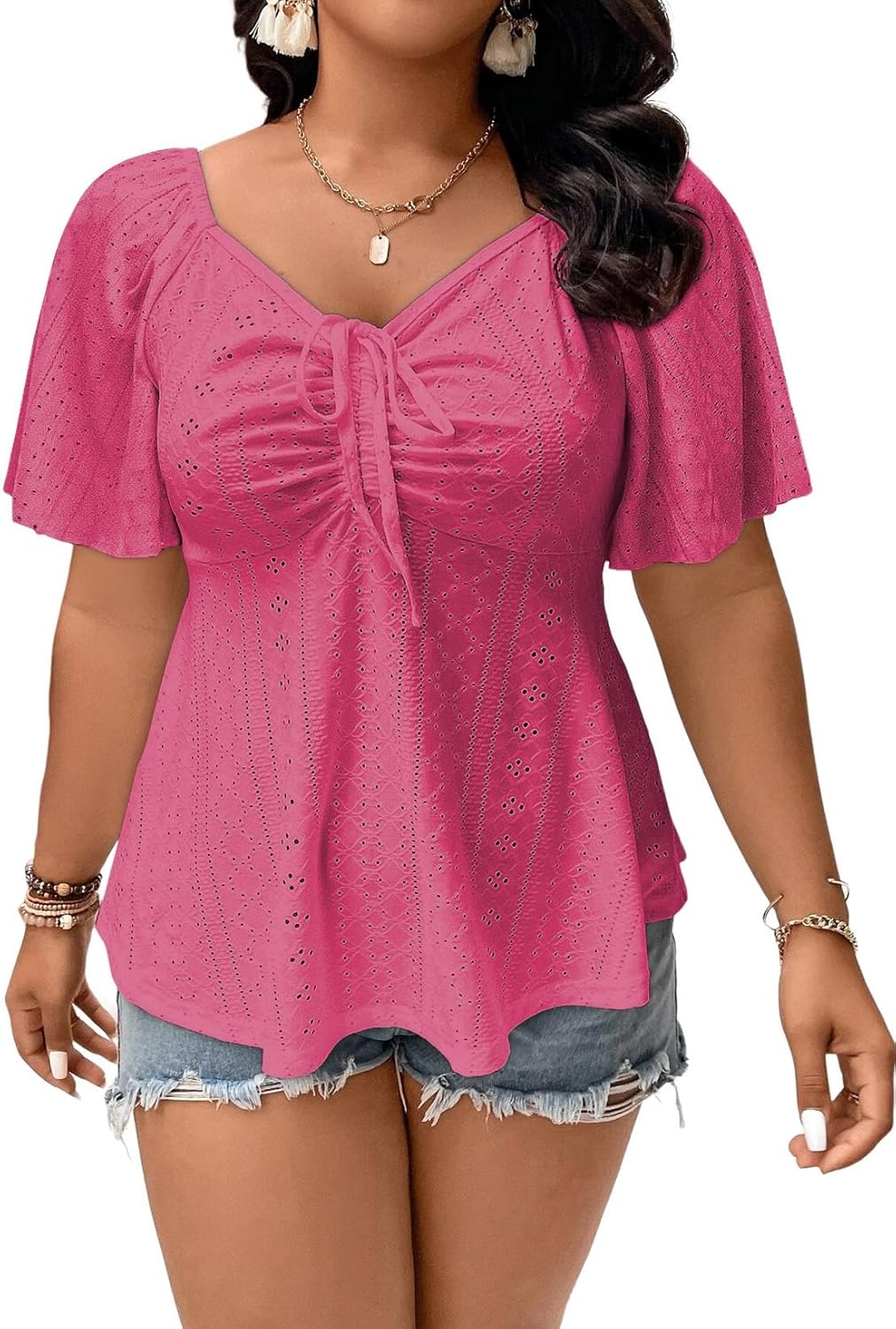 Eytino Womens Plus Size Tops Sweetheart Neck Short Sleeve Eyelet Embroidery Summer Loose Peplum Shirts(1X-5X)