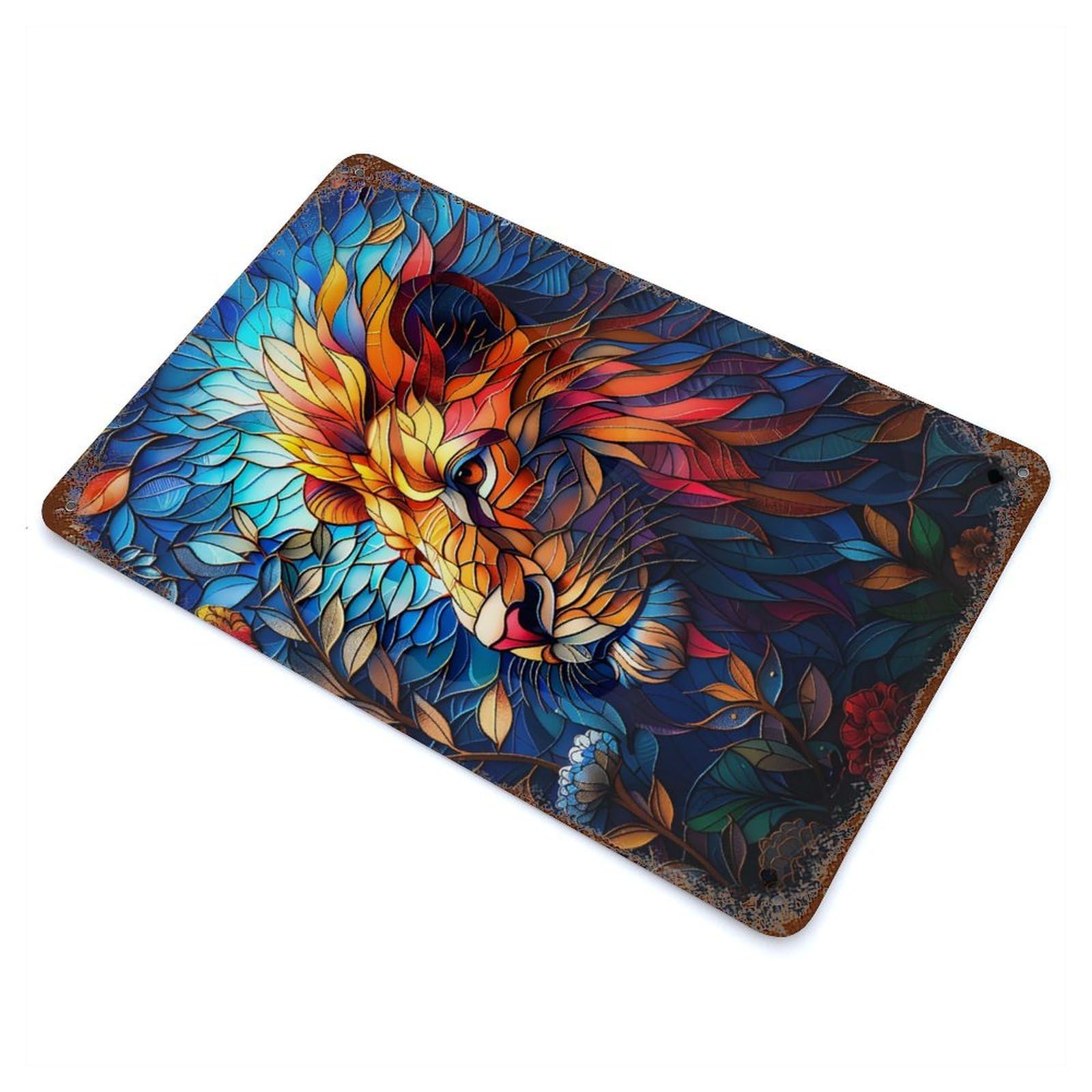 Colrful Stained Glass Lion Rust Effect Tin Sign 11.8"x7.9", Farmhouse Wall Decor for Farmhouse, Kitchen And Entryway Decor