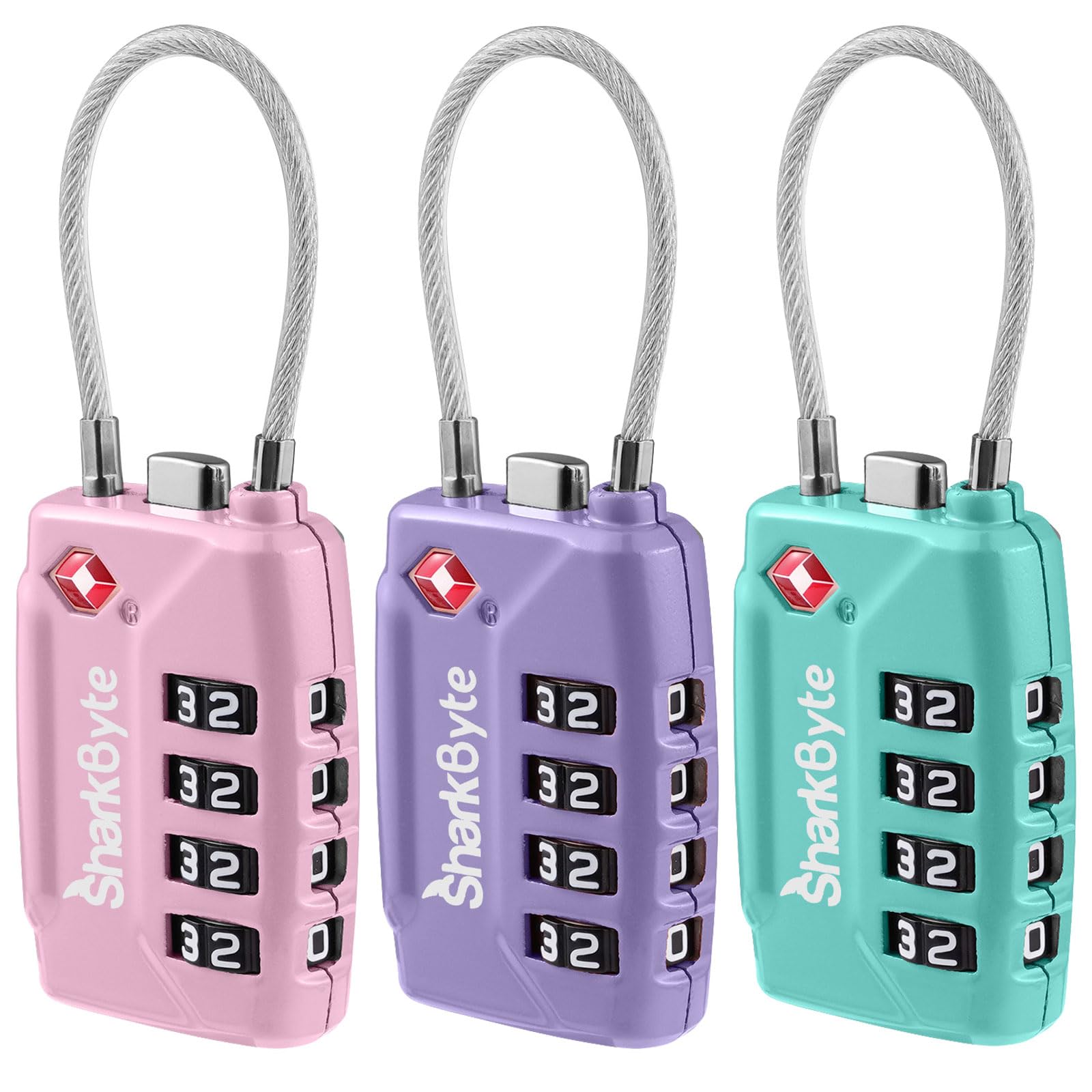 Sharkbyte Multicoloured A Tsa Approved Luggage Locks - 4-Digit Combo, (3 Pack) Flexible Wire Cable For Suitcases & Bags (10,000 Combinations)