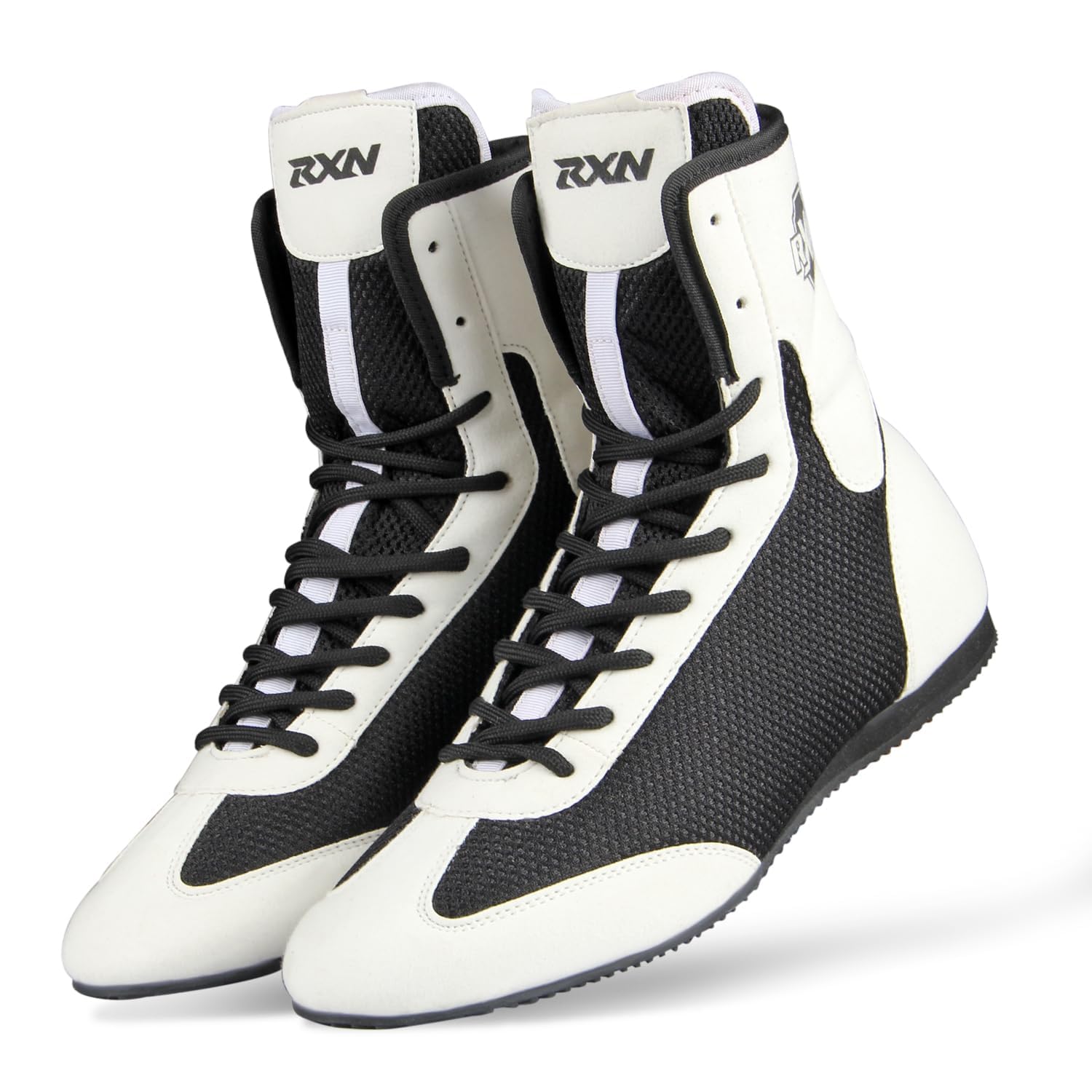 RXN Boxing Shoes for Men and Women Lace Up Non Slip Rubber Sole Lightweight Mid High Top | BX-17 High Top Boxing Boots for Men & Women (White/Black, 6)-image-27