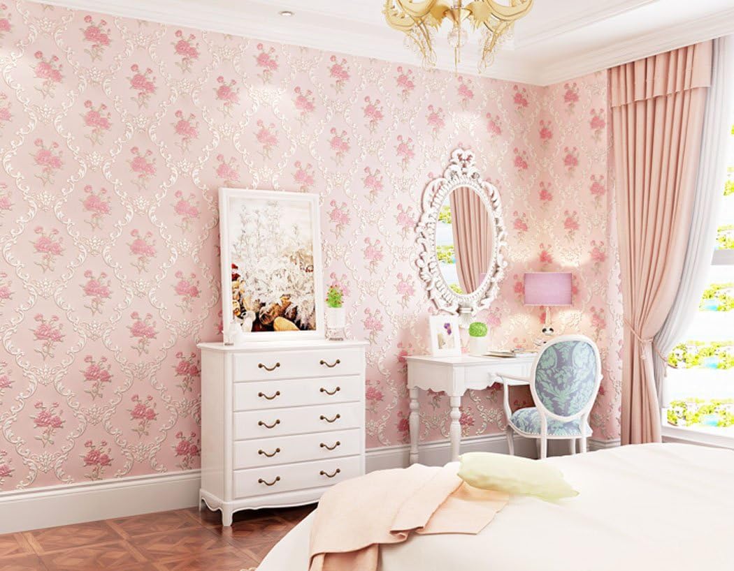 Embossed Rose Floral Contact Paper Self Adhesive Non-Woven Wallpaper Peel and Stick Wall Decor for Girls Living Room Bedroom Kitchen Bathroom Wall (Pink, 53cm x 3m)