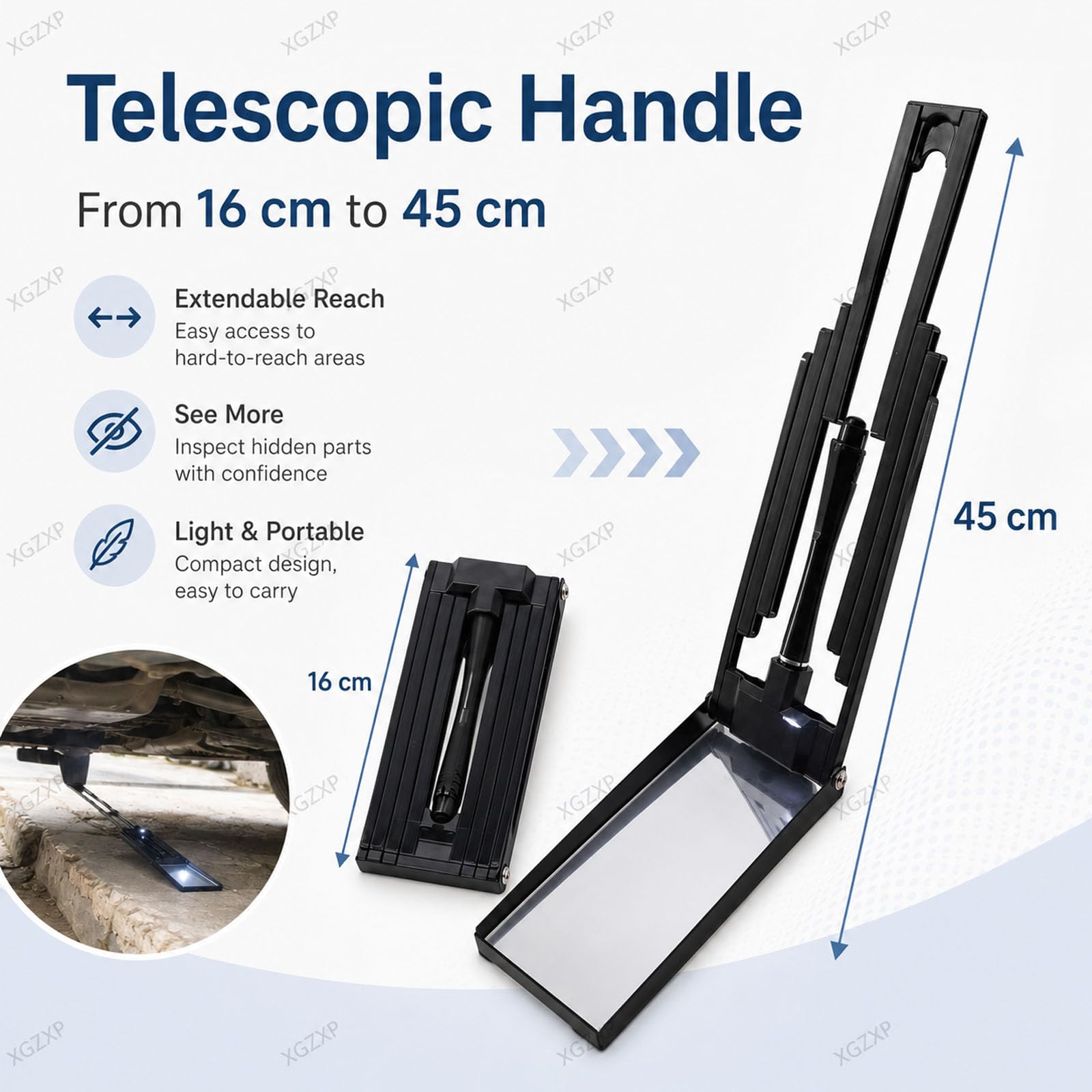 Miroir Dinspection Télescopique, Miroir À Manche Extensible avec LED, Longueur 16-45 Cm, Rétractable Et Pliable, pour Linspection des Dessous De Caisse De Voitures Et Autres Objets