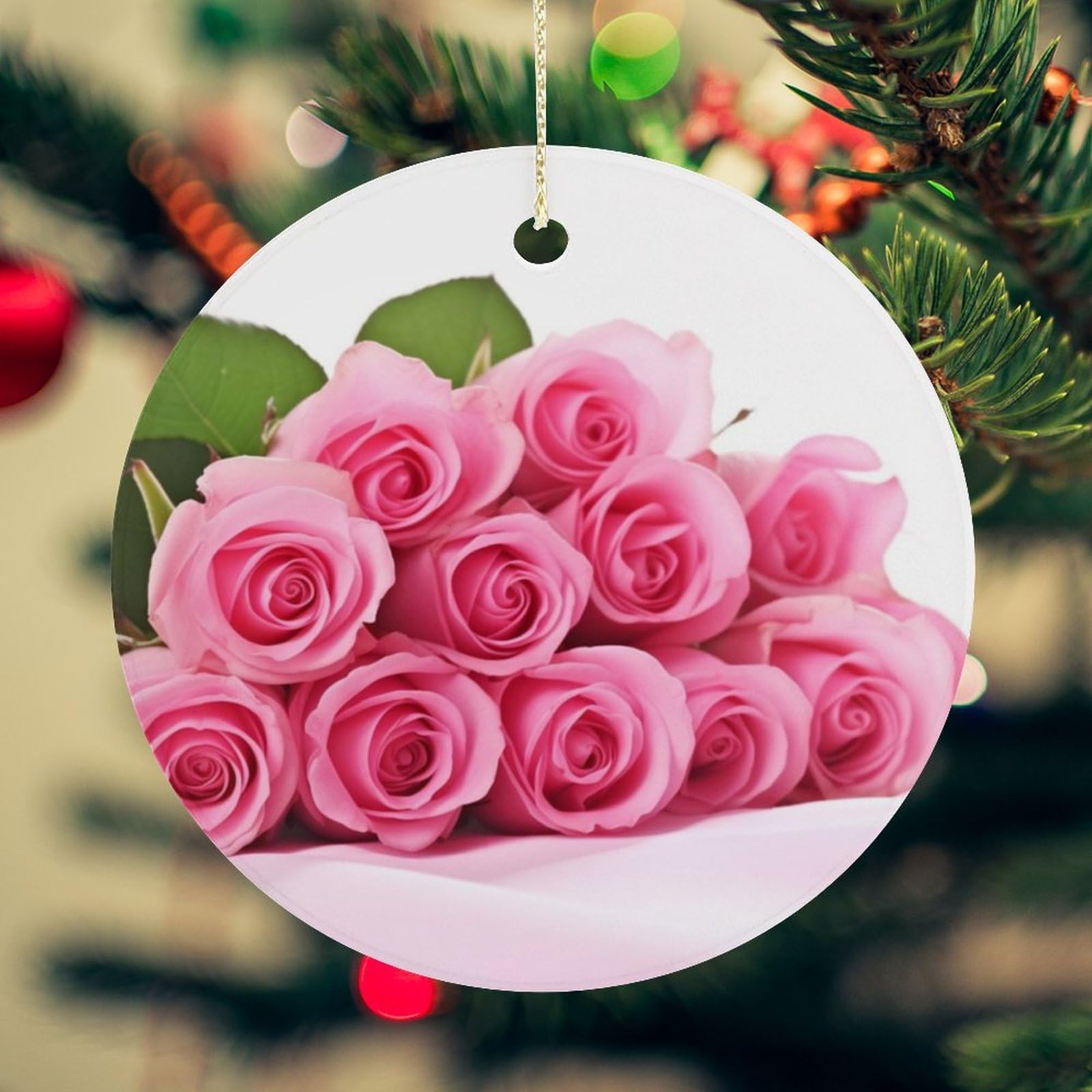 Roses Christmas Ornament for Christmas Tree Ceramic Round Ornament Winter Holiday Keepsake Gift 2.7" Christmas Tree Hanging Decorations Circle Ceramic Pendant Xmas Gift