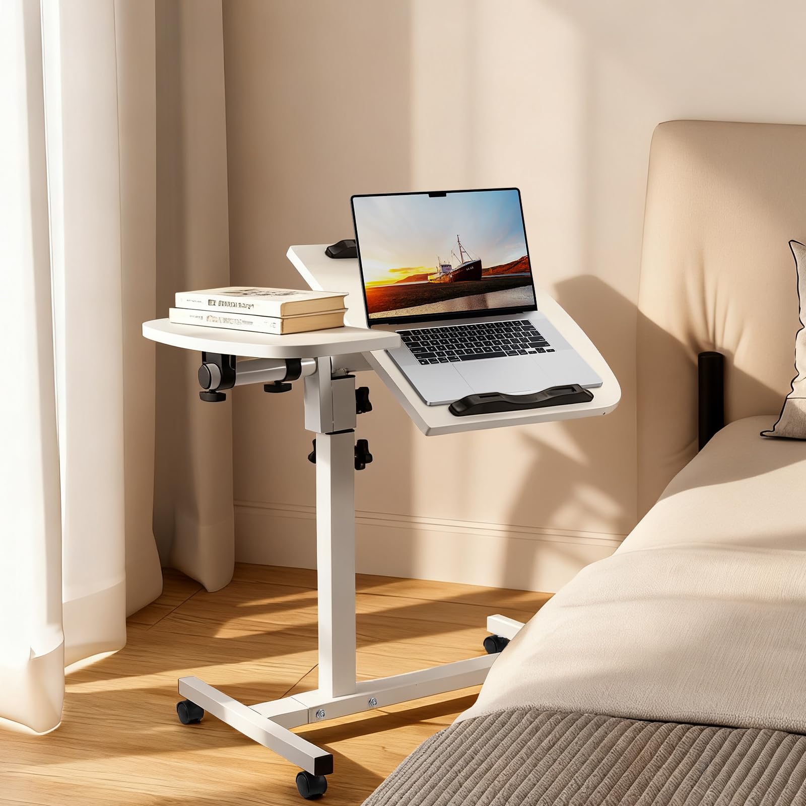 SUNNYNEST Adjustable Overbed Table with Wheels Small Standing Desk Split Top Tilting Bedside Bed Table with Tray Rolling Laptop Computer Standing Desk Cart Height 60-80cm