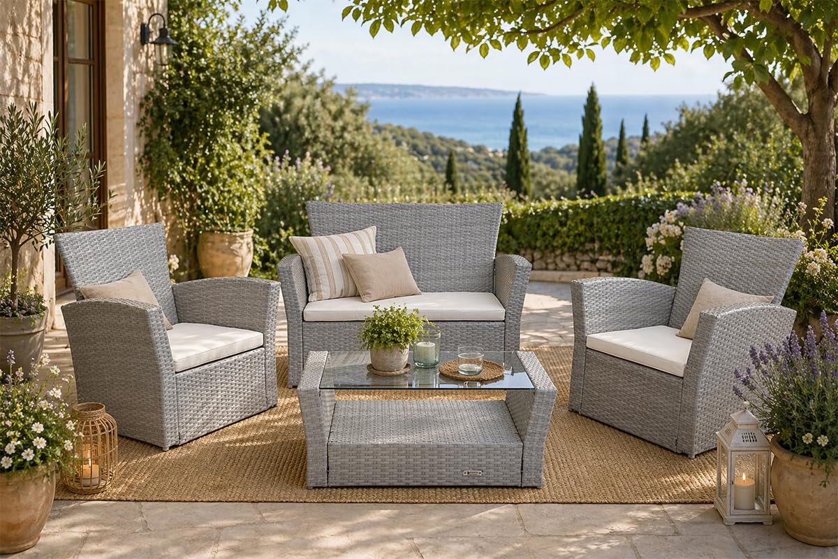 SAMIRA Salotto da giardino in rattan, set di divani da esterno in polyrattan mod. Aurora tortora