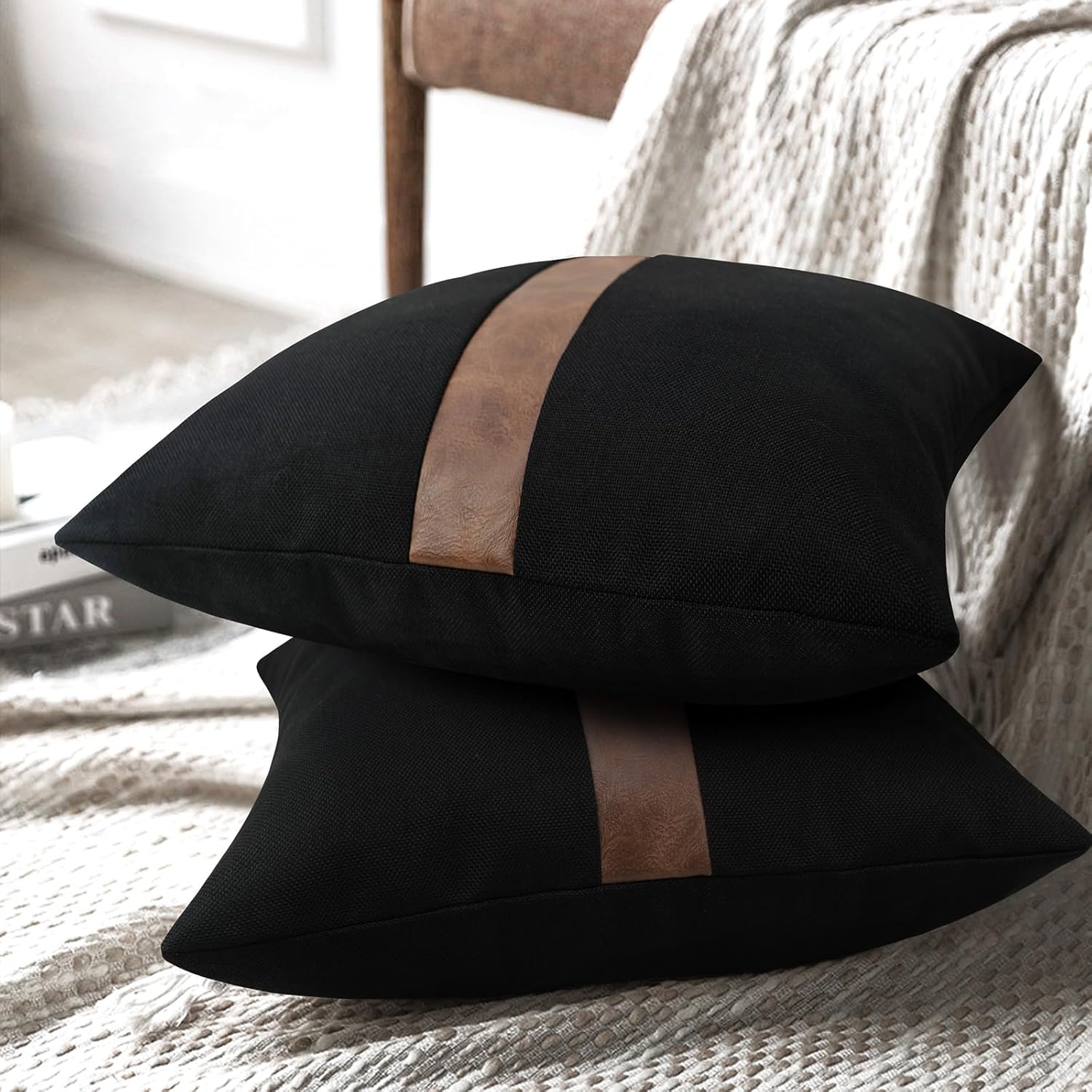 cygnus Black and Dark Brown Leather Throw Pillow Covers 16x16 inch Set of 2 Black Pillow Covers with Faux Leather Accent for Couch Sofa Bedroom Livingroom,Western Modern Home Decor