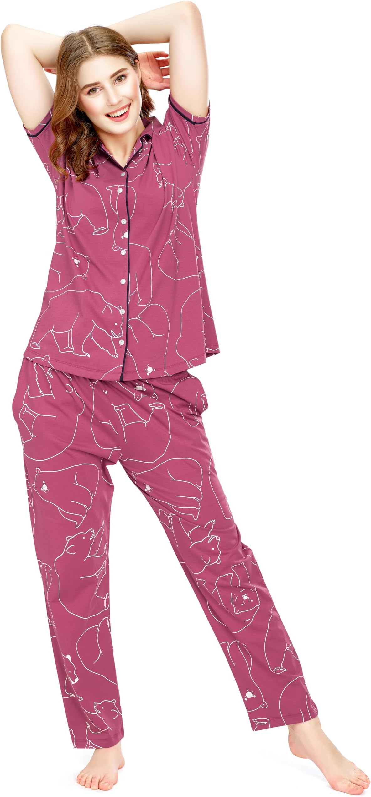 ZEYONight Suit for Women's Polar Bear Printed Cotton Night Dress of Shirt and Pajama Set 5756