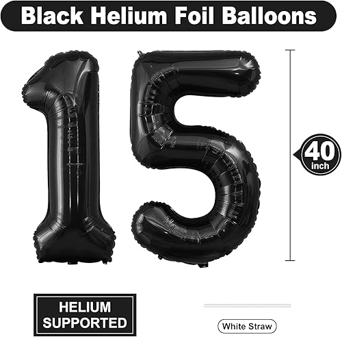 Miniatura 2 de Globos de 40 pulgadas con el número 15, globos de helio negro número 15, globo de número grande para niños y niñas, suministros de decoración de