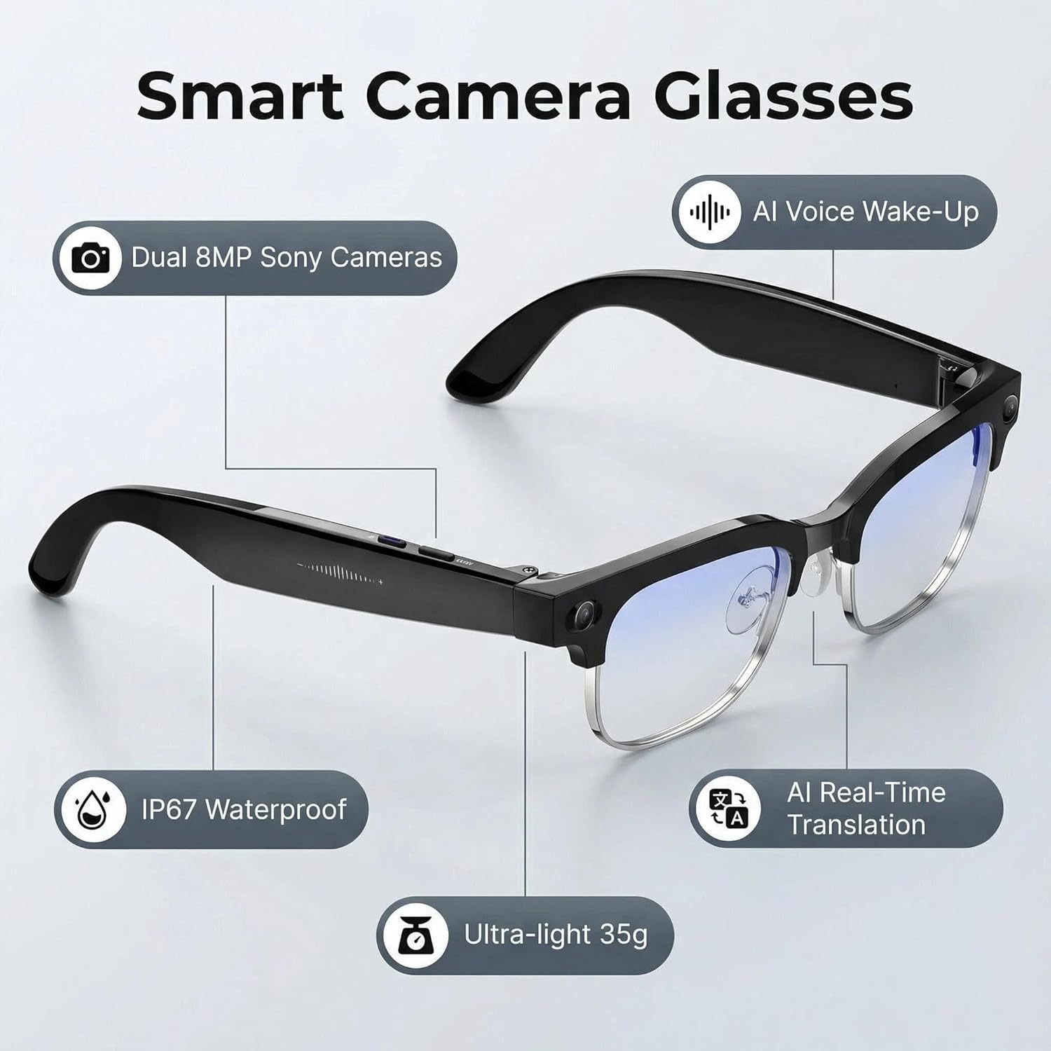 Smart Camera Sunglasses – 8MP Hands-Free Photo & Video, AI Object Recognition with Voice Feedback, Real-Time Translation, Open-Ear Bluetooth Audio & Calls, IP65 Half-Frame Design
