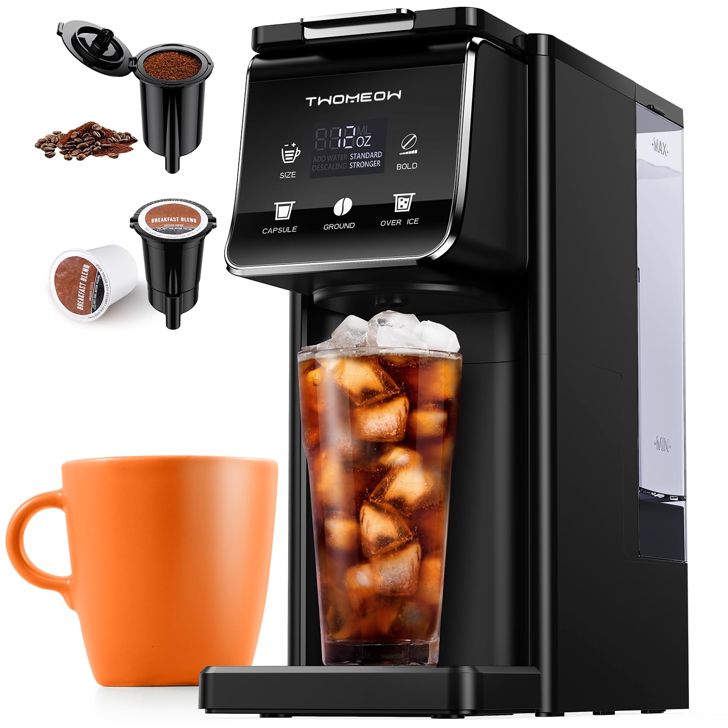 Coffee Maker Hot & Iced With Bold Setting,Single Serve Coffee Maker For K Cup And Grounds,52 Oz Removable Water Tank,6-14 Oz Brew Sizes,One Cup Kcup Coffee Machine With Reusable Filter,(Black)