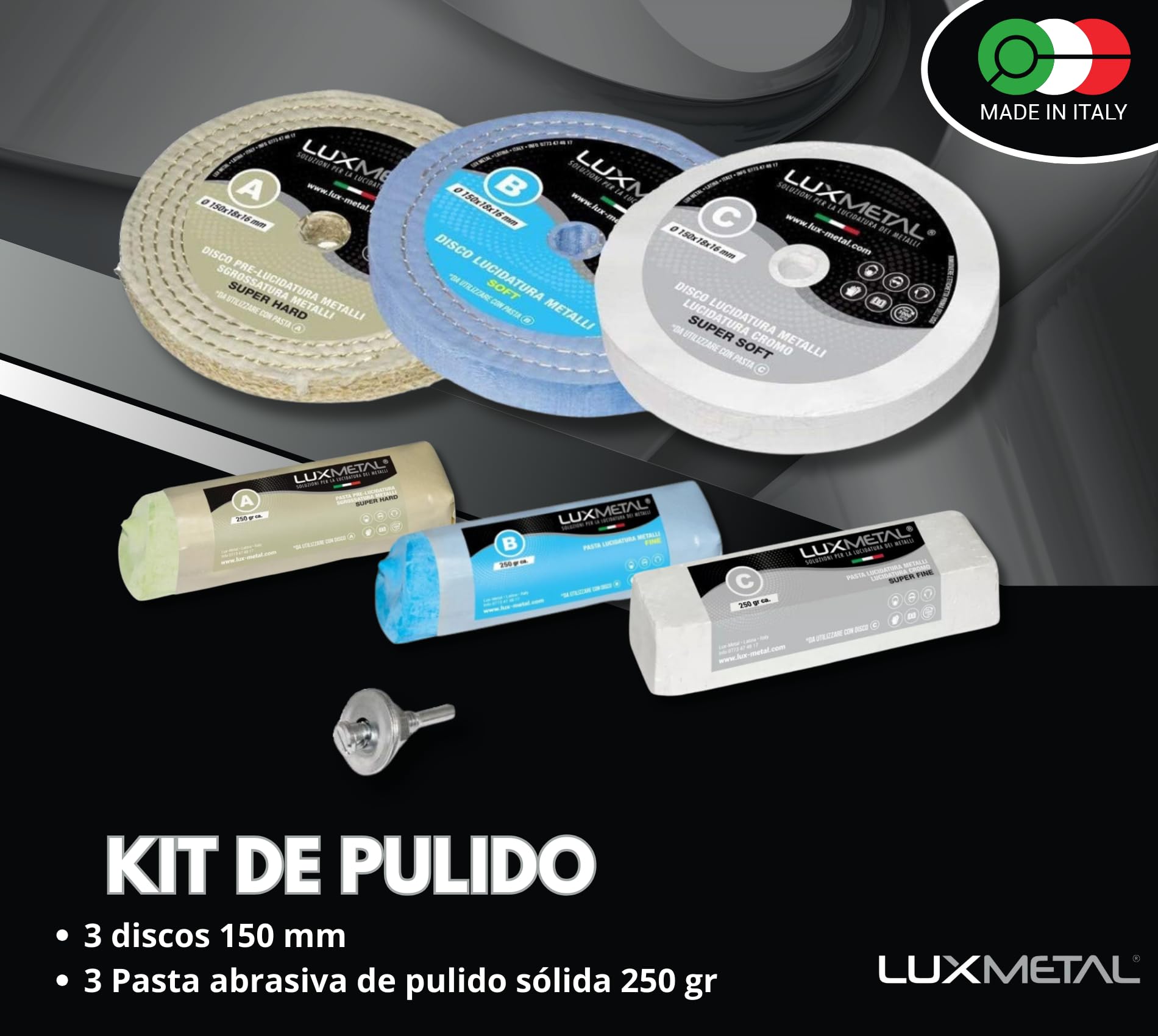 Lux Metal - Kit de pulido 02 con 3 discos de pulido de 150 mm y 3 pastas de pulido de 250 g - Ideal para pulir aluminio, acero inoxidable, latón, cobre, bronce, hierro, plata, oro, madera, plástico