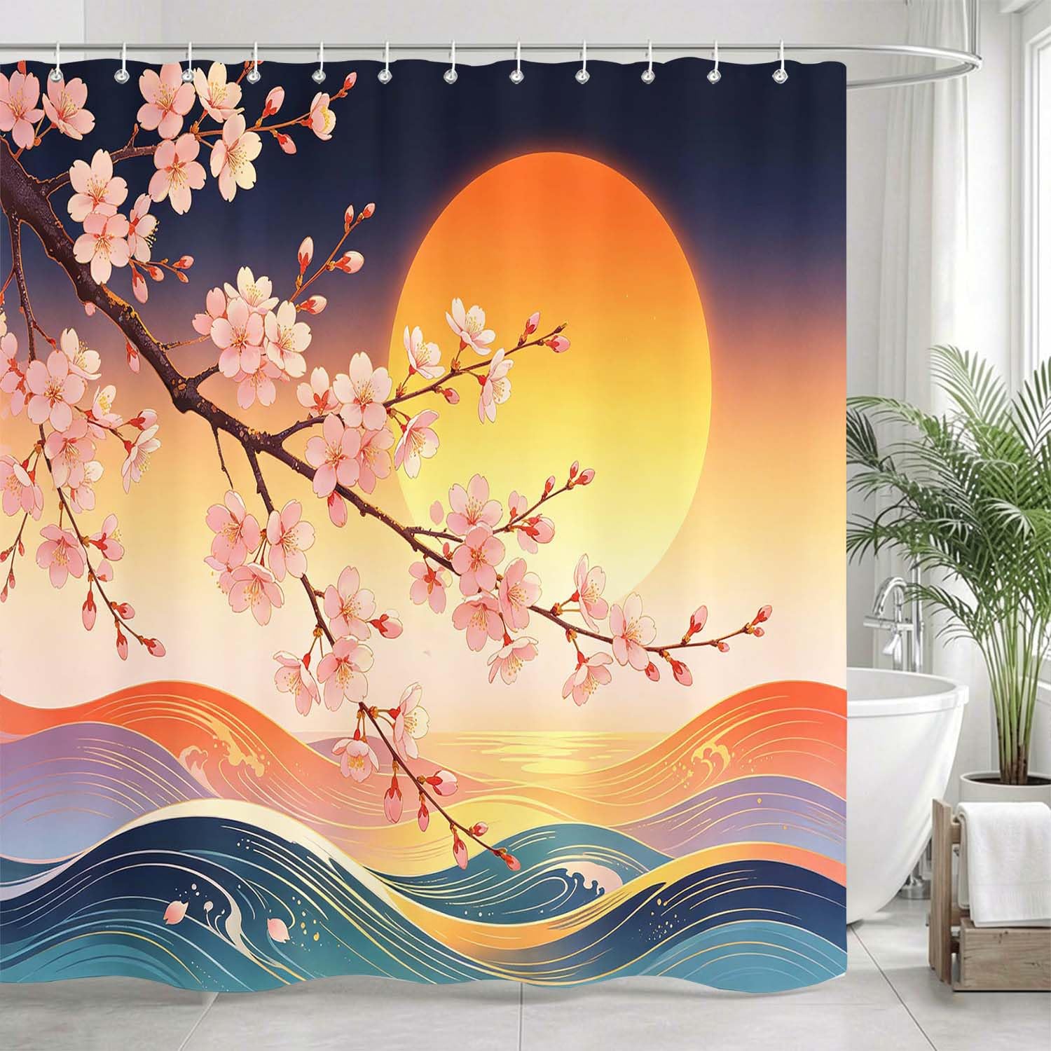 Rideau de Douche Anti Moisissure Fleurs de Cerisier, Rideau de Bain Thème Japonais 3D Rideaux de Douche en Polyester, Imperméable, Lavable en Machine, avec Crochets, 300 x 200 cm 913-YLP