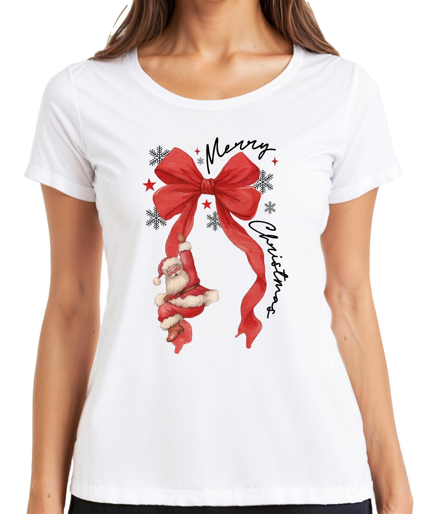 Printera Women's White Merry Christmas Santa Red Bow Snowflakes T-Shirt, Xl