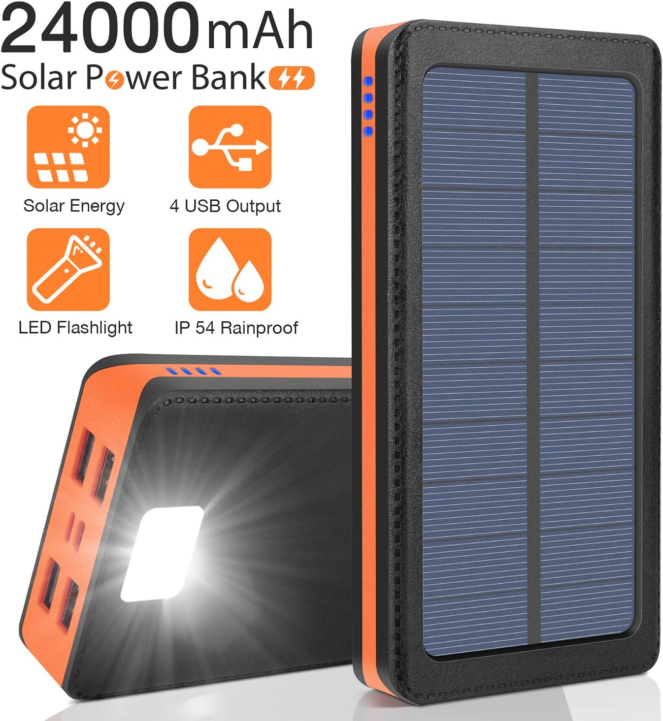 Solar Charger 24000mAh Portable Solar Power Bank External Backup Battery, 4 Outputs-5V/2.1A &2 Inputs Huge Capacity Phone Charger, IPX5 Rainproof Bright LED Flashlights for Camping, Travel, Emergency