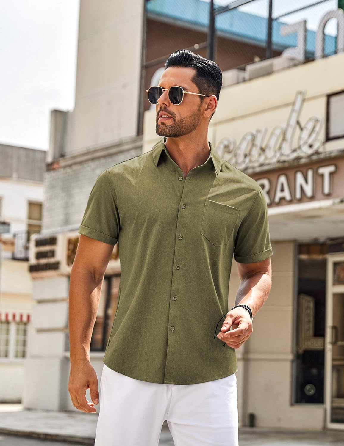 COOFANDY Mens Button Down Short Sleeve Shirt Casual Summer Beach Textured Pocket Olive Green - Image 3