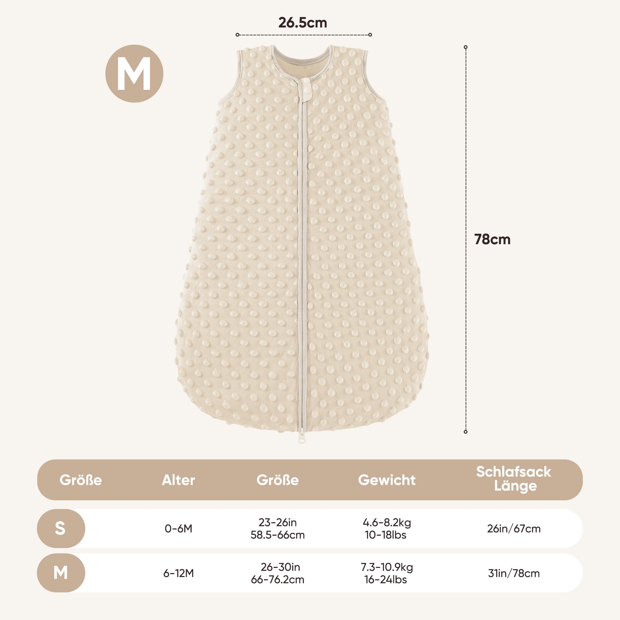 Bearmoss - Saco de Dormir para bebé, cálido, algodón, 2 Unidades, Forro 100% algodón, con Tejido Polar de Felpa para recién Nacidos, niños y niñas (Marrón, 78cm)