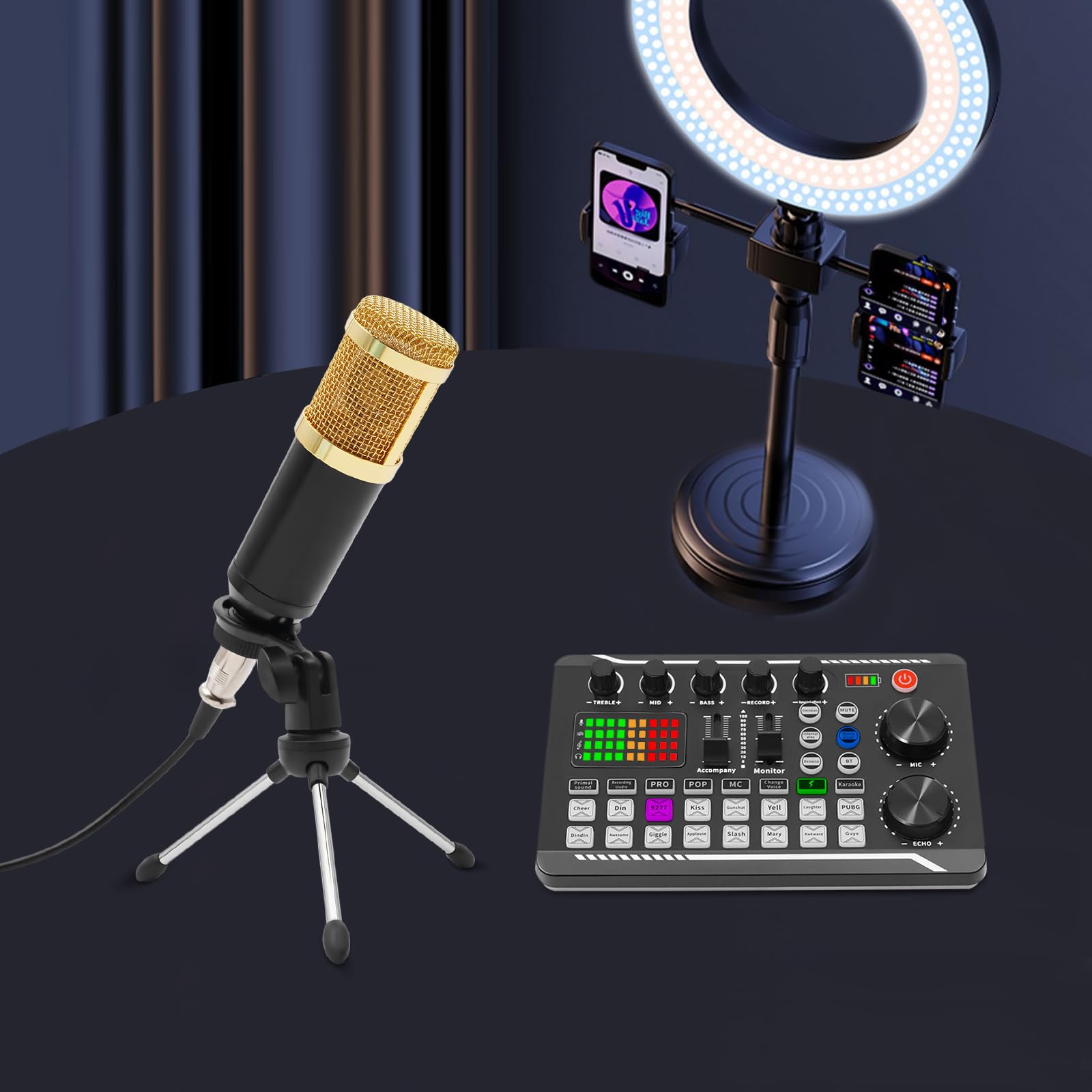 Podcast - Set microfono podcasting, con microfono a condensatore e scheda audio mixer per registrazione Live Streaming