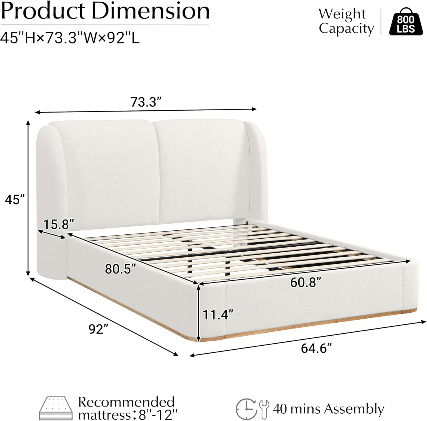 Christopher Knight Home Zita Boucle Upholstered Queen Bed Frame with Headboard, Wing Back Platform Bed, Wooden Queen Size Bed Frame, No Box Spring Needed, Slats Panel Support, Heavy Duty, Beige