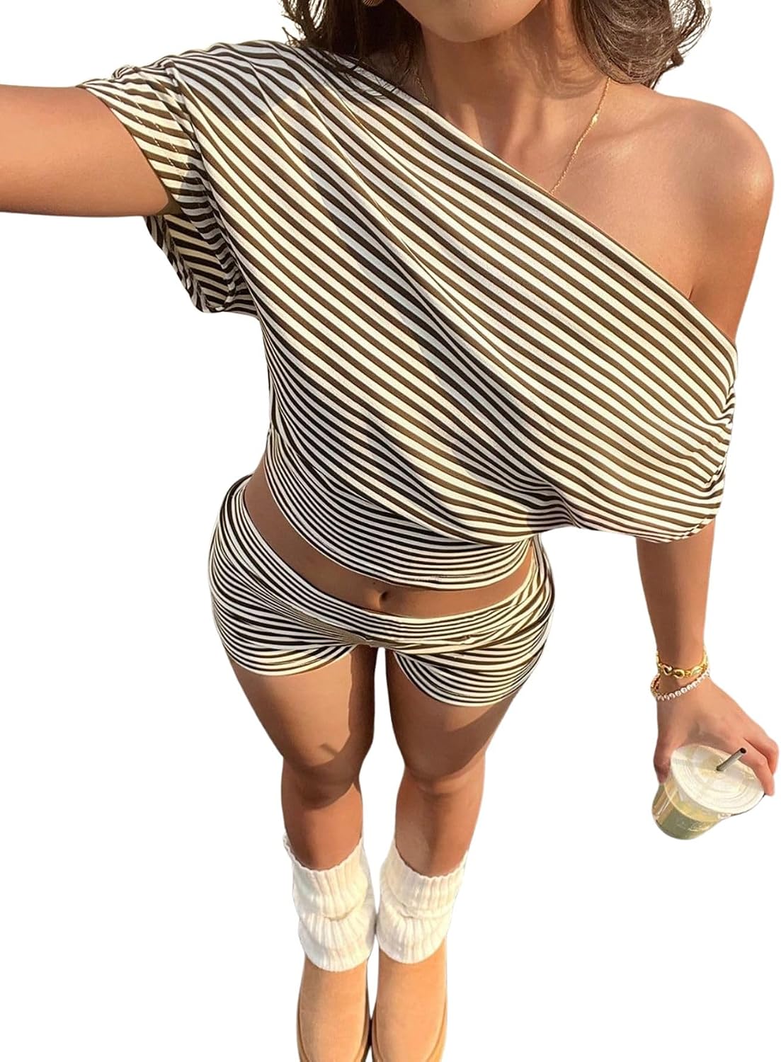 Verdusa Women's 2 Piece Matching Sets Striped Off Shoulder Crop Tops and Mini Shorts Summer Sets