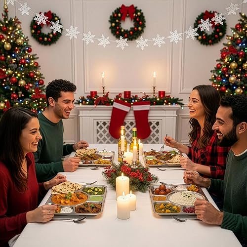 Miniatura 7 de Hacaroa Paquete de 4 platos llanos divididos de acero inoxidable, plato grande de 15 x 10.6 pulgadas para servir aperitivos con 6 compartimentos,