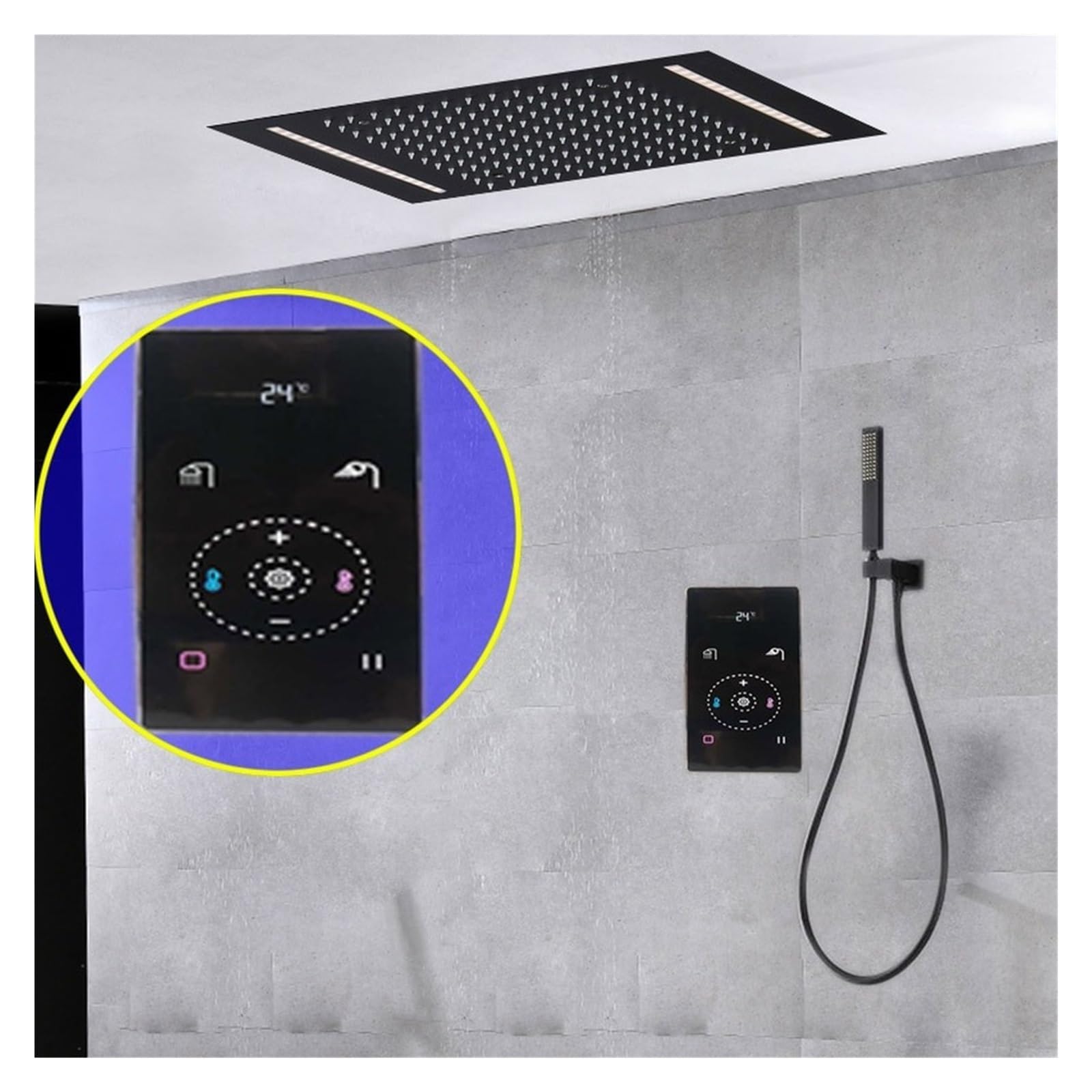 Set Doccia a soffitto Sistemi Doccia Intelligenti Neri con Pannello di Controllo Touch Digitale termostato, soffione a Pioggia LED 500 * 360MM Bagno(Shower Head Set)