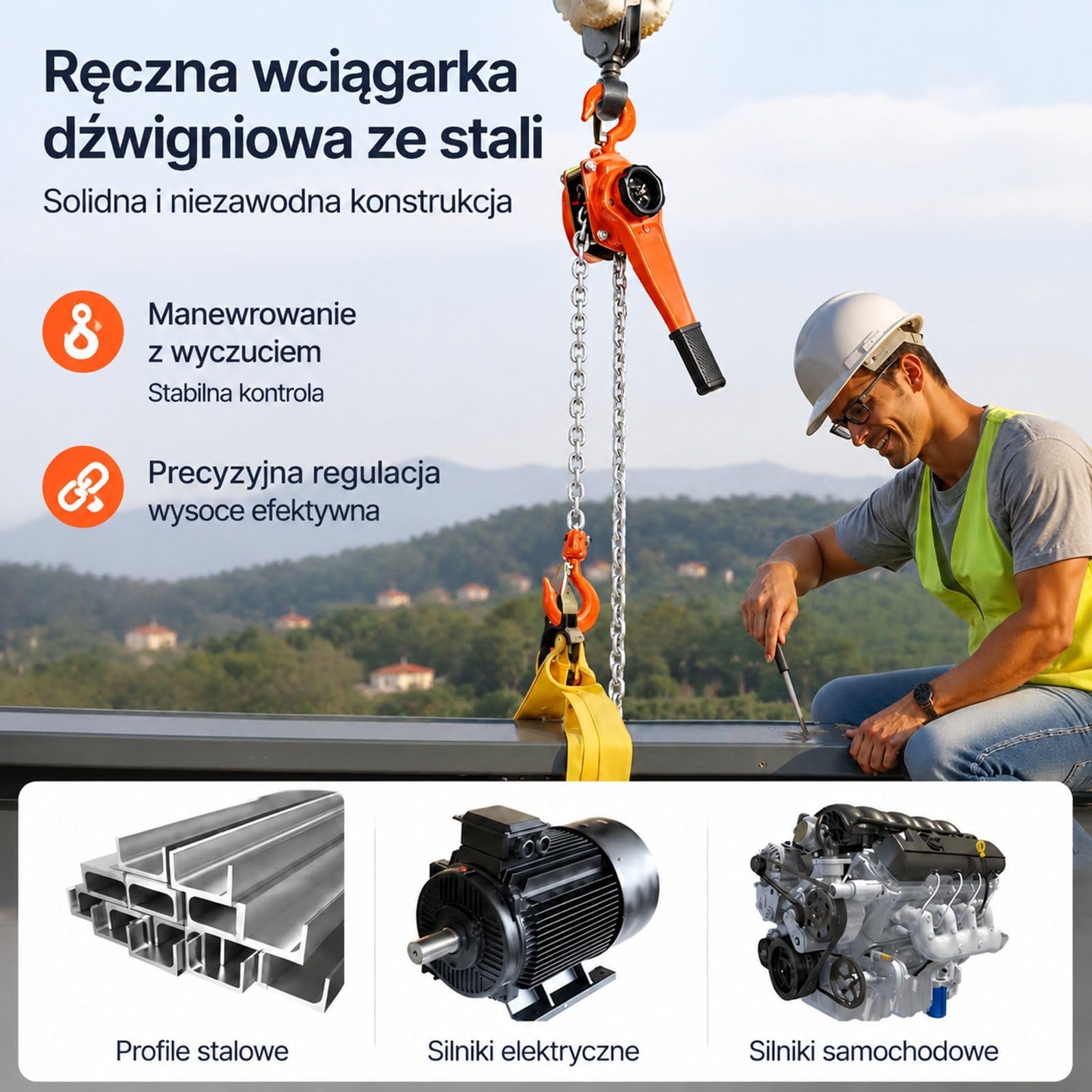 Wciągnik dźwigniowy 1 t, ręczny podnośnik łańcuchowy 3 m ze stali stopowej, podwójna zapadka, haki obrotowe 360 do magazynu budowy garażu