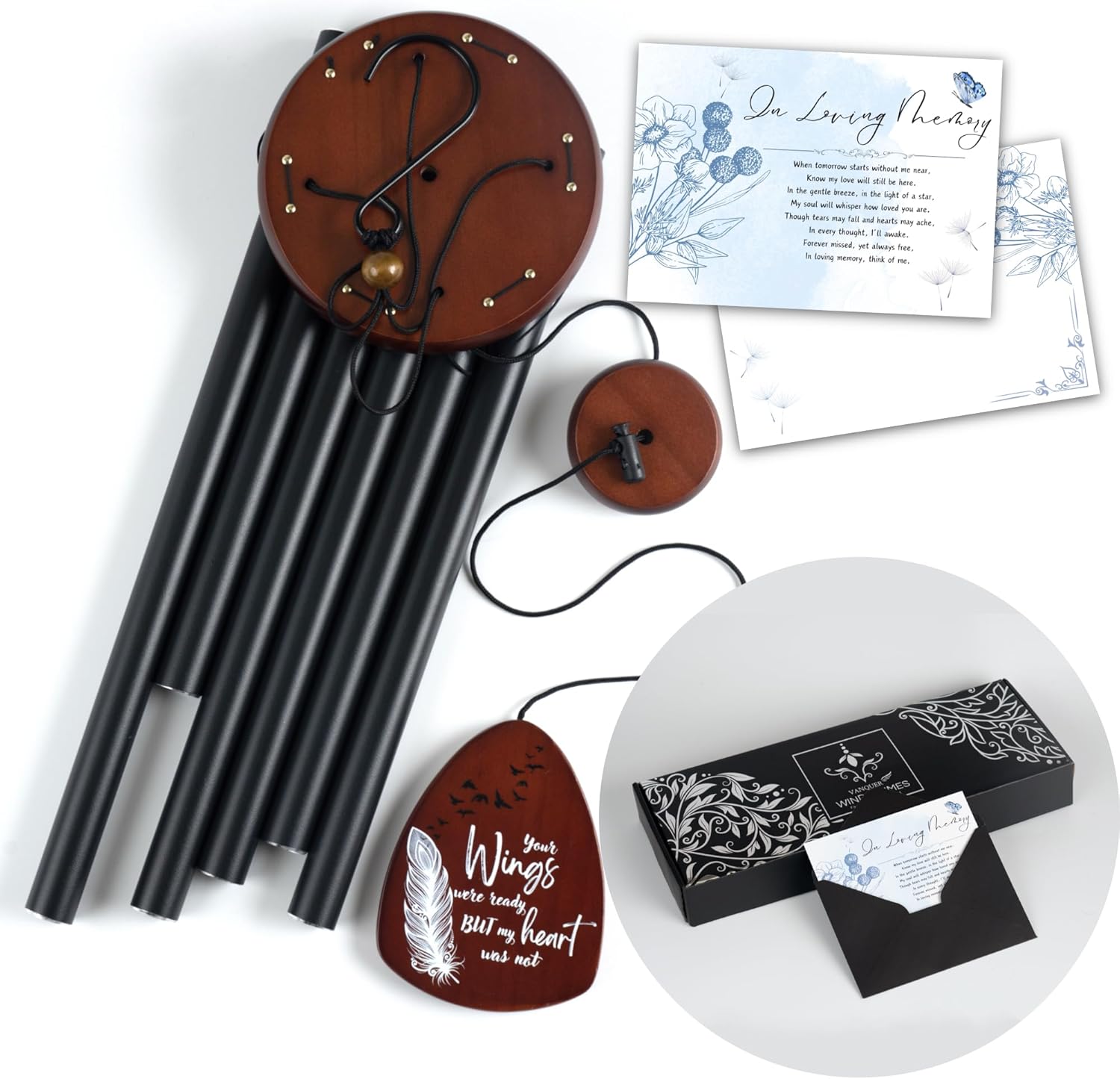 Memorial Wind Chimes for Loss of Loved One, Windchimes in Memory of a Loved One, Sympathy Gift Baskets, Bereavement Condolence Gifts, Memorial Gifts for Loss of Mom, 32" Sympathy Feather, Black