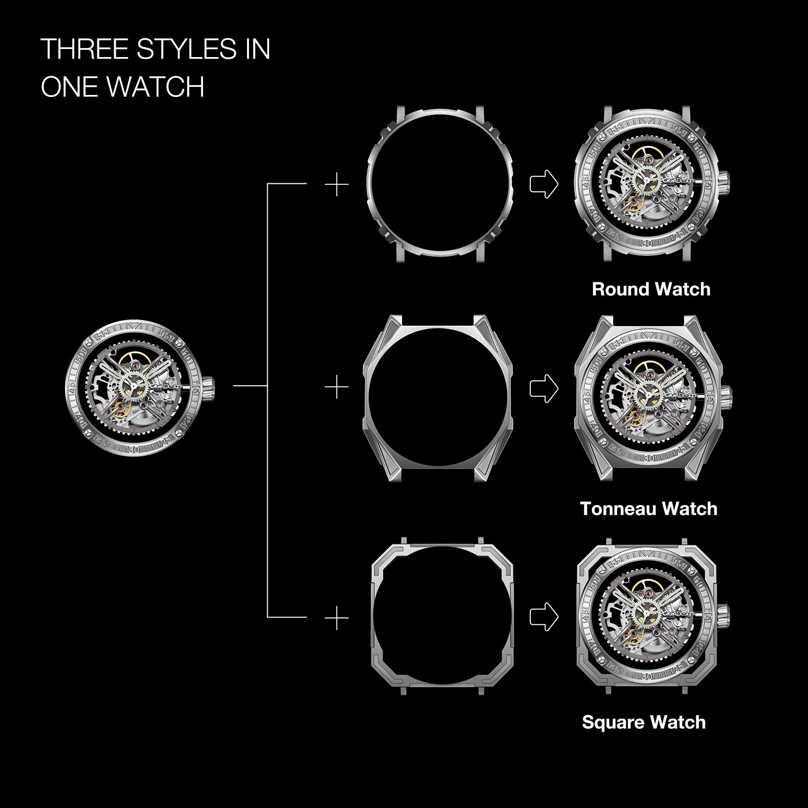 CIGA Design Automatic Mechanical Watch Magician Series Stainless Steel Detachable Case Sapphire Crystal Fluororubber Strap Watches for Men and Women with 3 Shapes Case