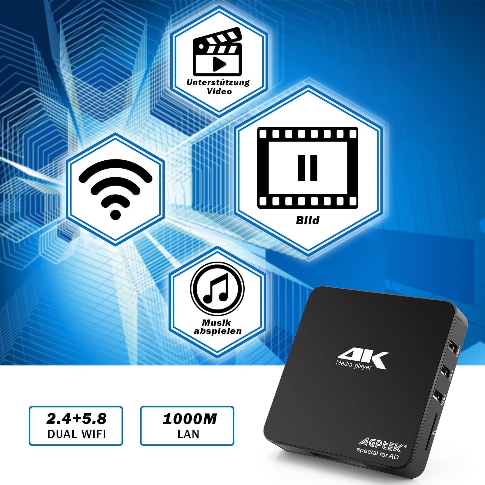 AGPTEK 4K@60hz MP4 Media Player unterstützt 8 TB HDD/256G USB-Laufwerk/SD-Karte mit HDMI/AV-Ausgang für HDTV/PPT MKV AVI MP4 H.265, Unterstützt für Werbung, Untertitel/Timing und Tastatursteuerung
