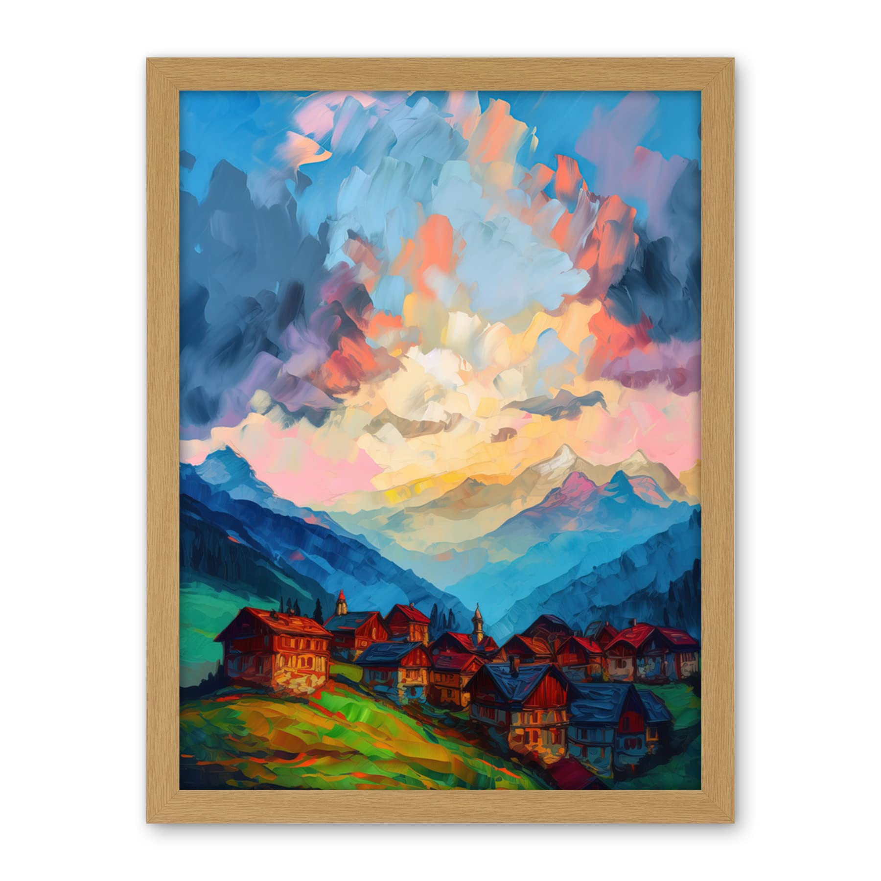 Artery8 Atmospheric Clouds at Dawn Over Small Village Houses in the Alps Modern Watercolour Painting Artwork Framed Wall Art Print 18X24 Inch